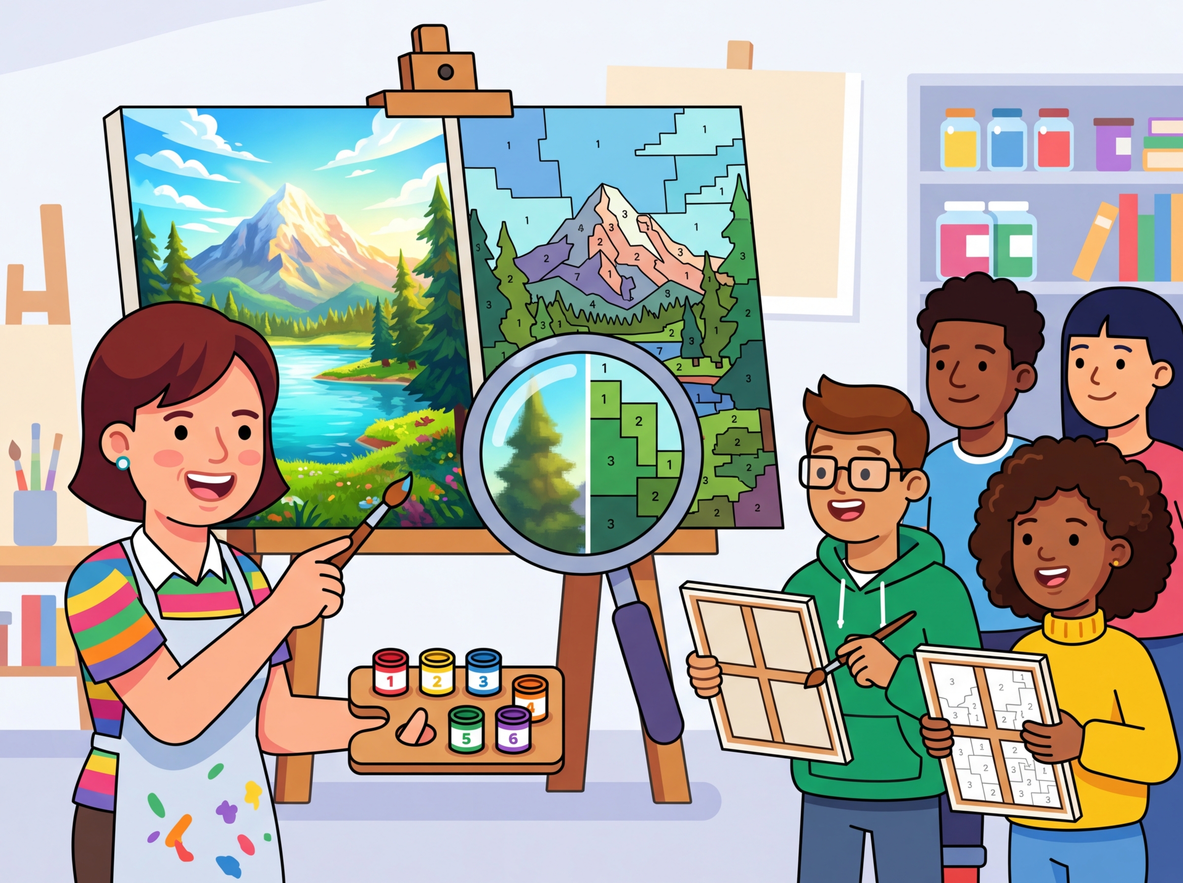 An artist mixing a limited palette of base colors to approximate any color, representing product quantization's codebook approach