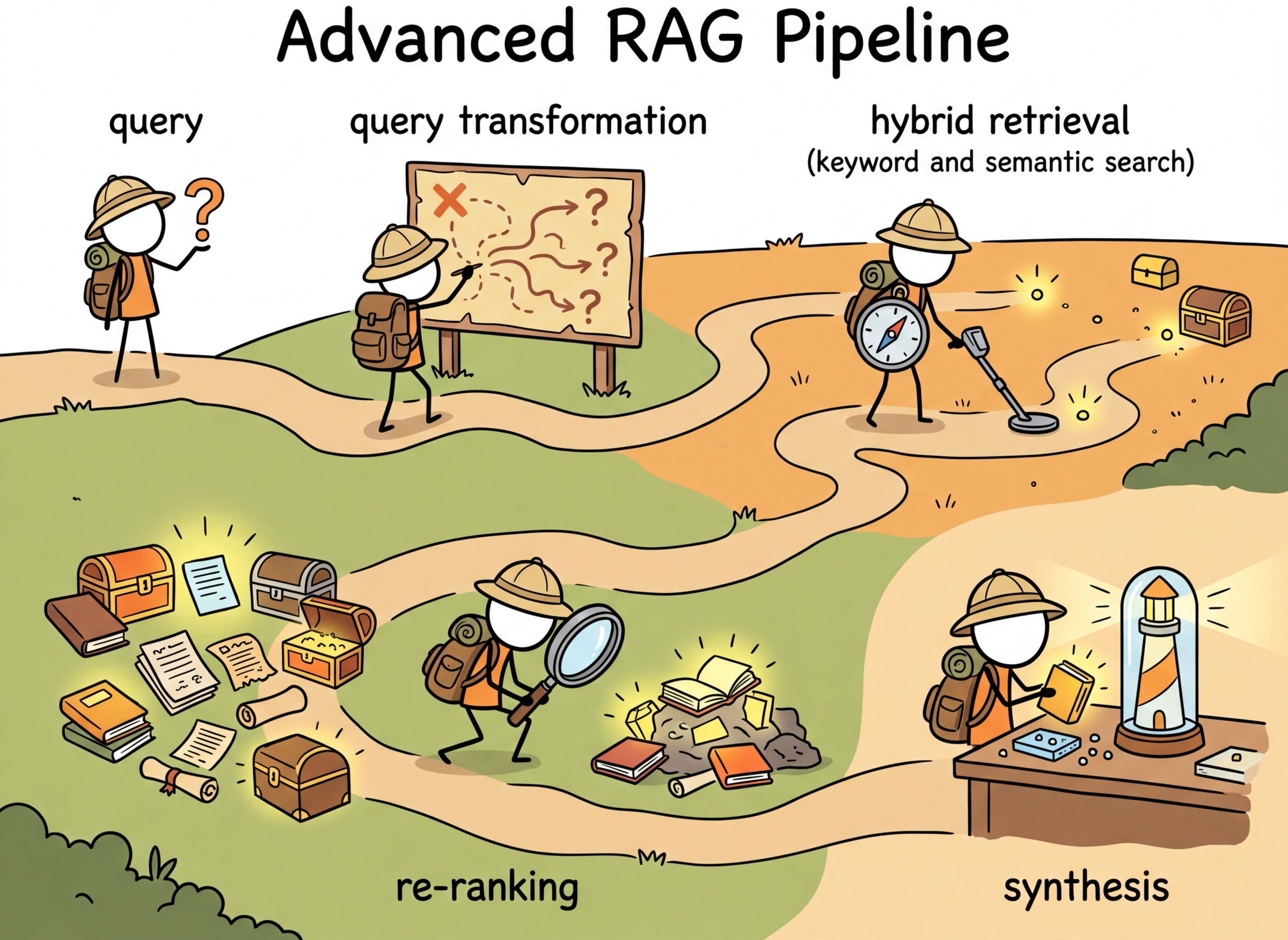 An adventurer following a multi-step treasure map with clues leading to progressively better answers