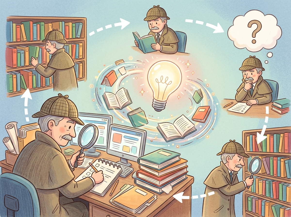 A detective at a research desk surrounded by books and documents, following a looping process of searching, reading, thinking with question marks, and refining queries toward a glowing lightbulb