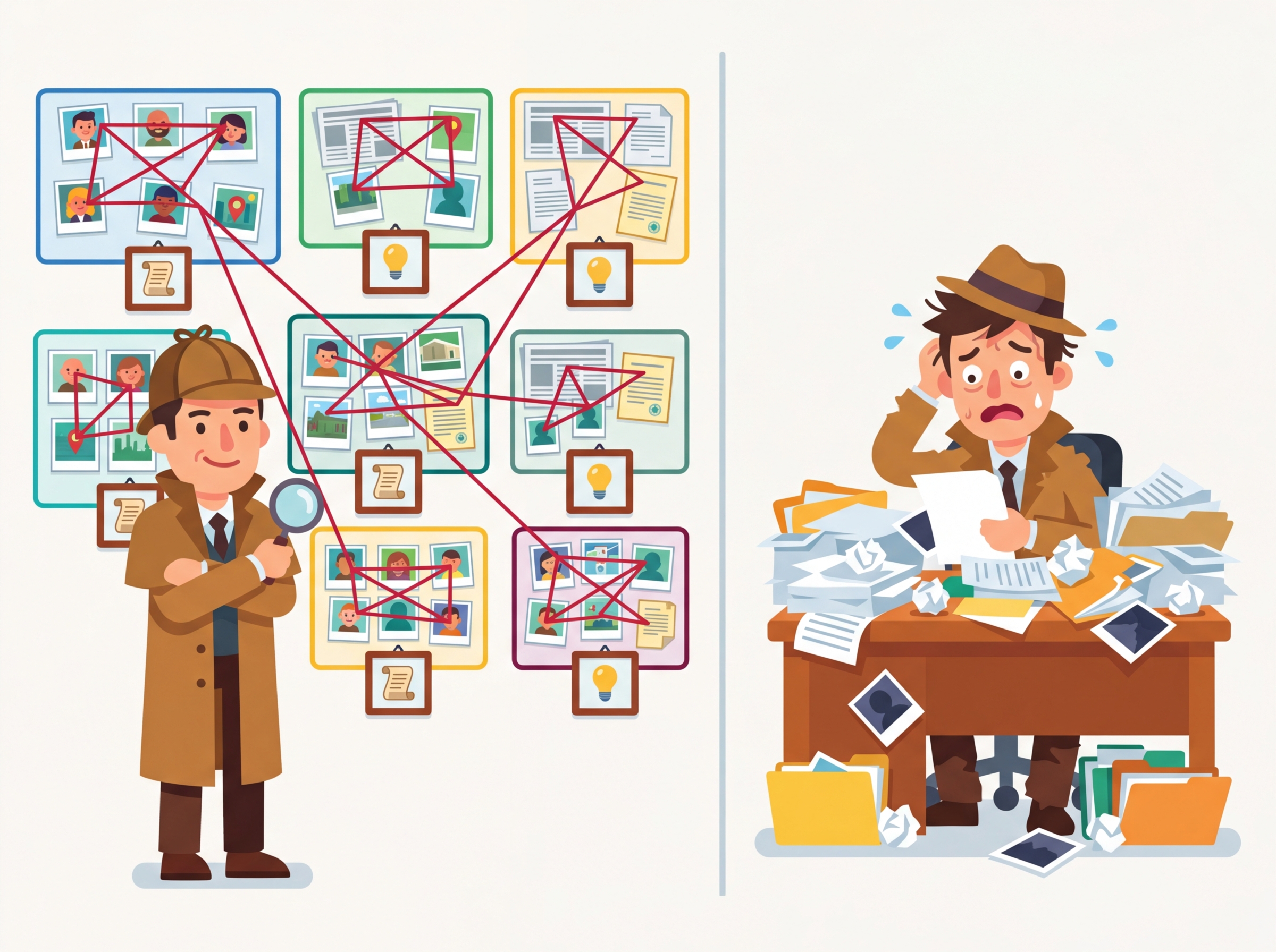 A detective's evidence board with photos, strings, and pins connecting clues, representing GraphRAG's entity linking