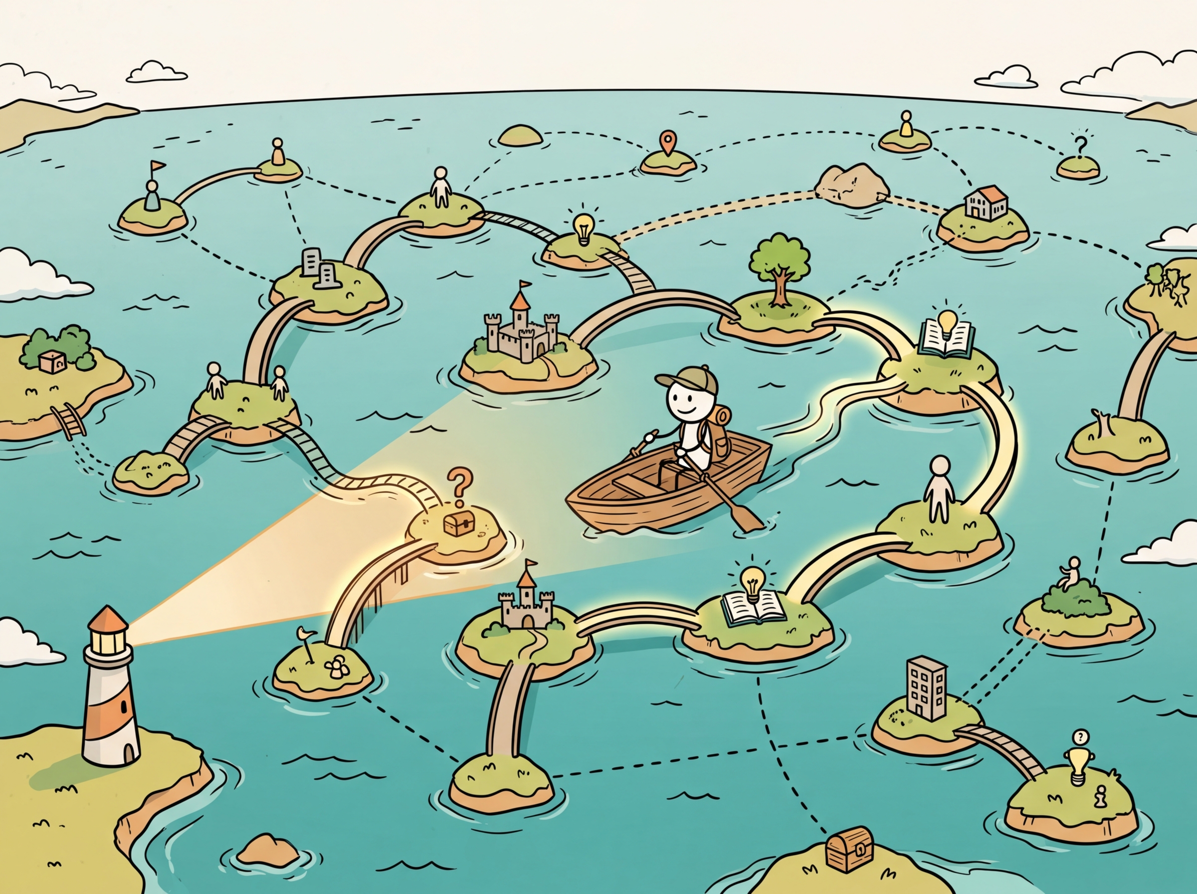 Islands connected by bridges representing entities linked by relationships in a knowledge graph