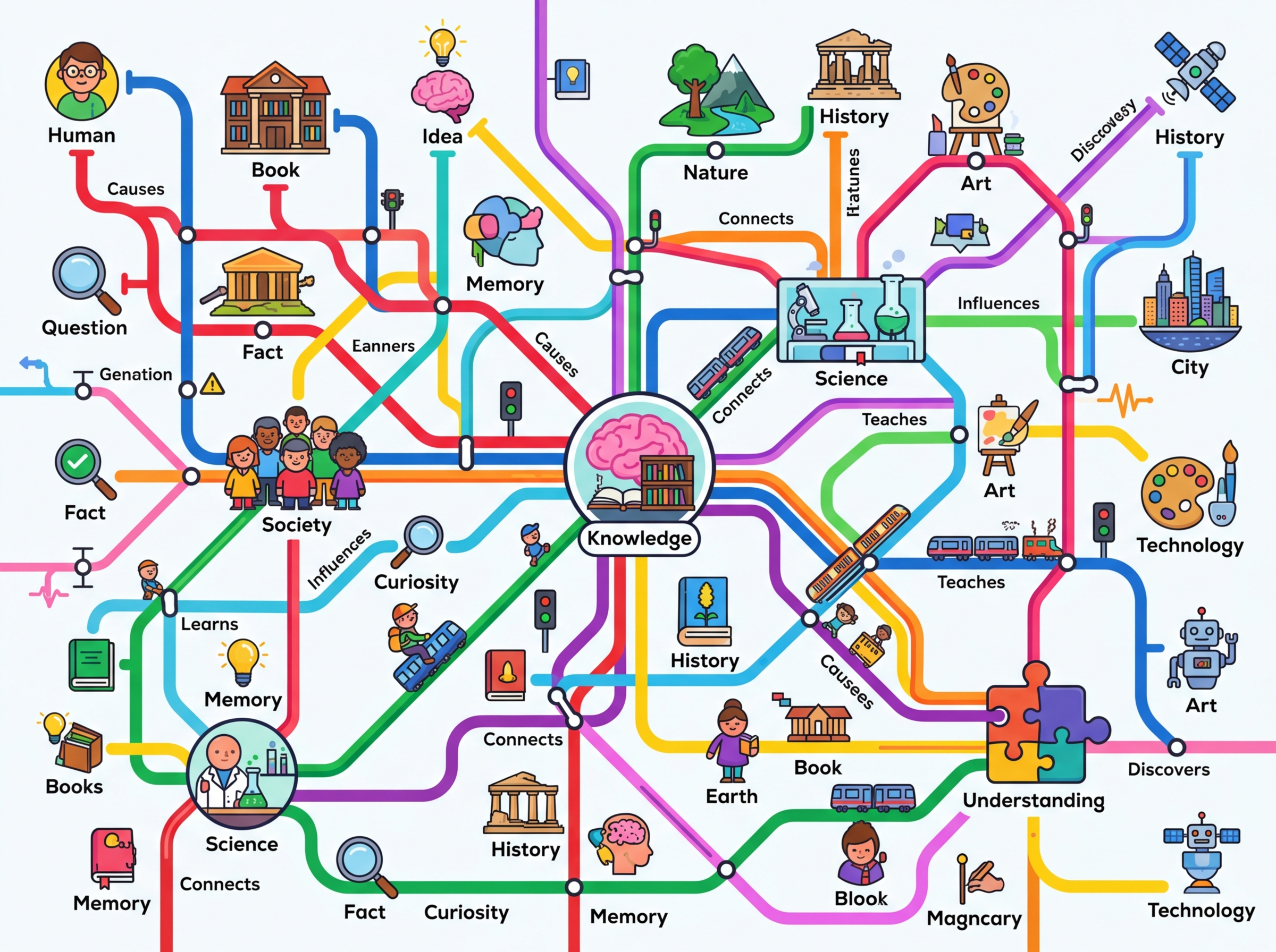 A subway map where stations are entities and lines are relationships, representing knowledge graph traversal