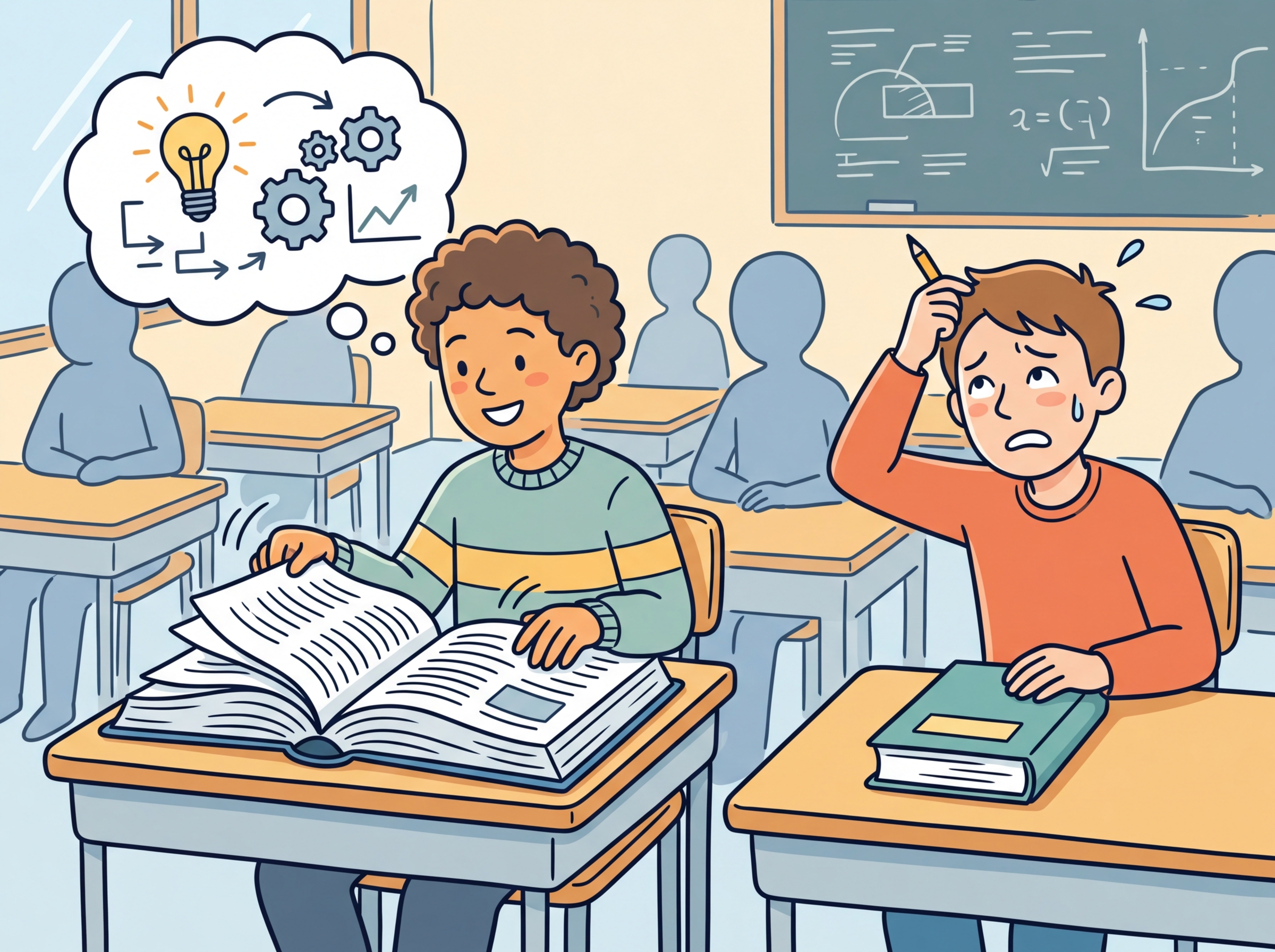 A student taking an exam with an open textbook, representing how RAG lets models look up information