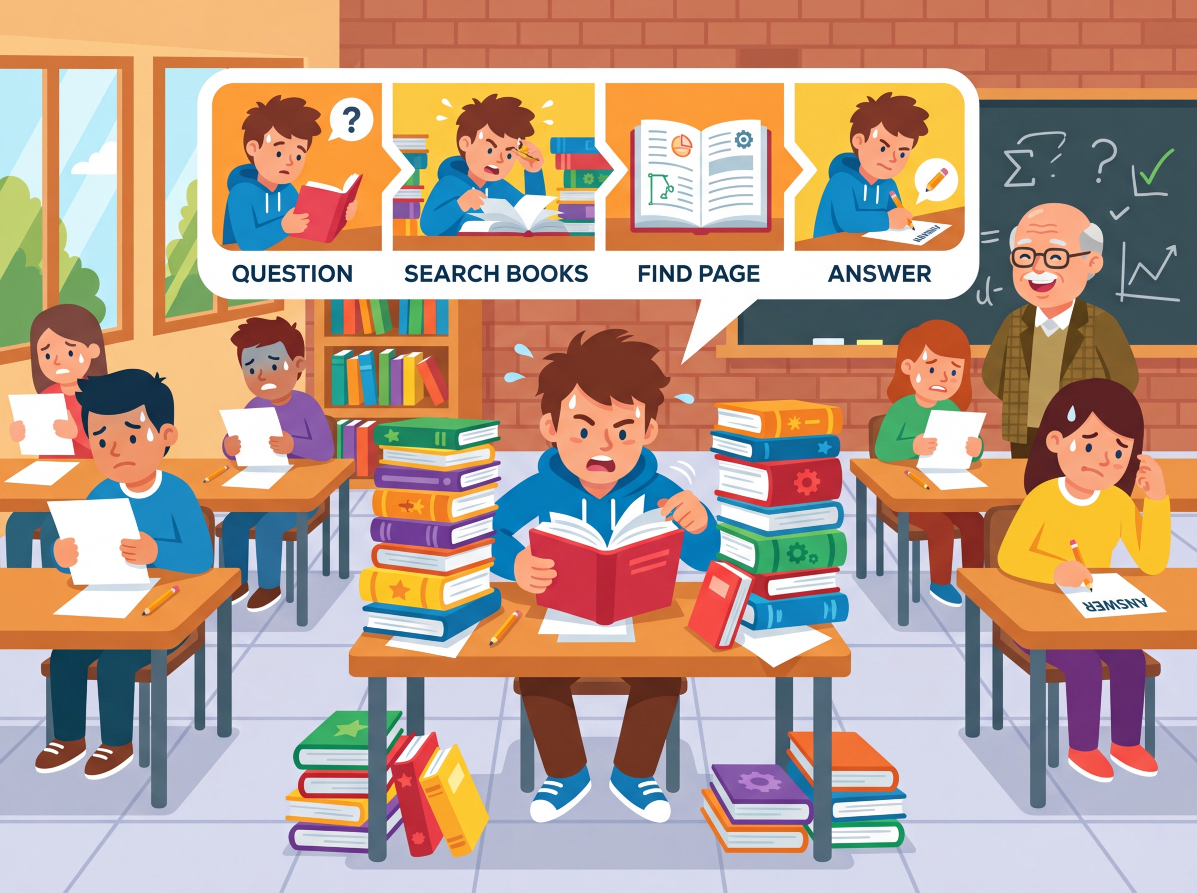 A student flipping through reference materials while writing an answer, representing the RAG retrieval-generation loop