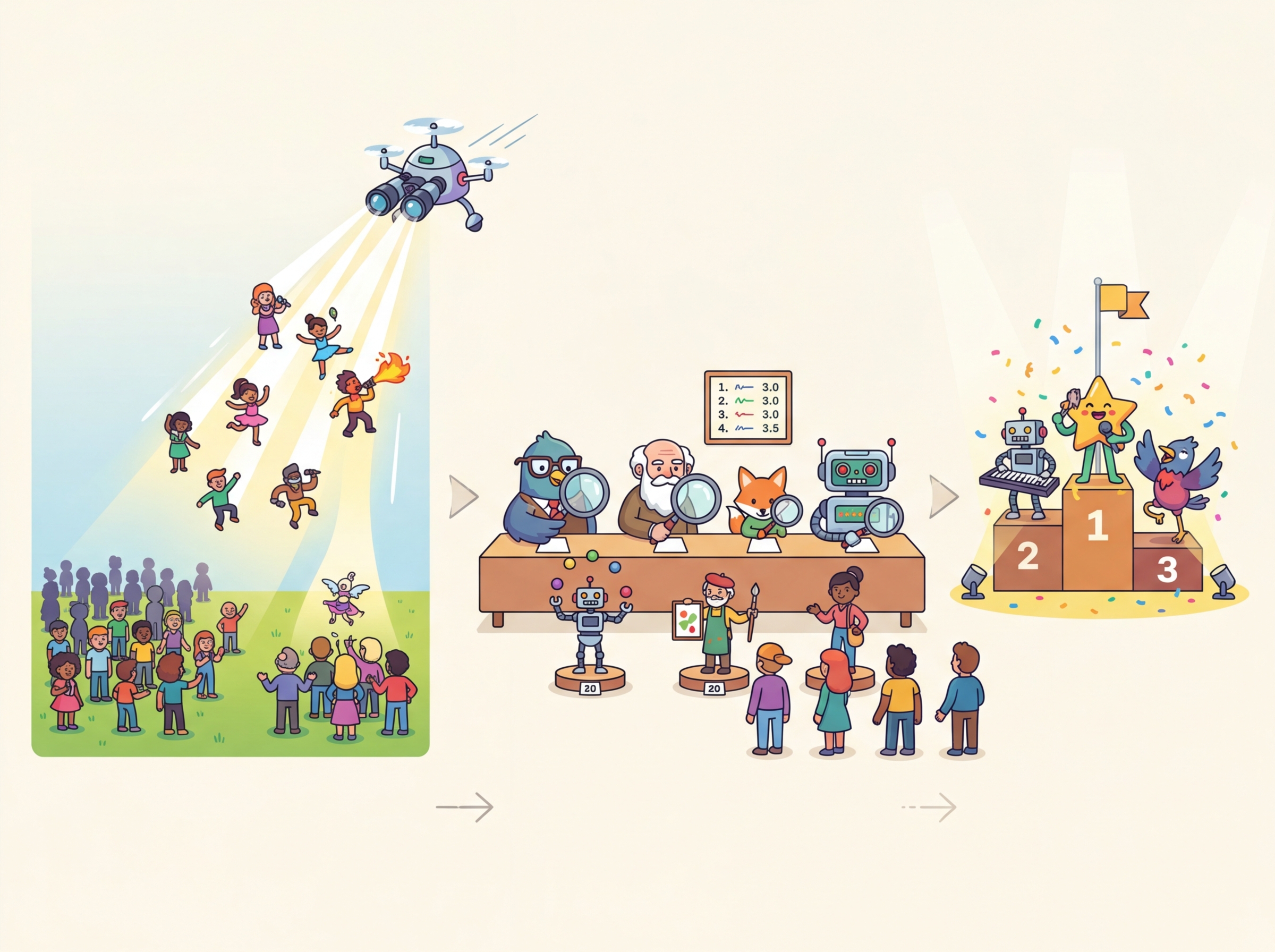 A panel of judges re-scoring contestants after an initial screening round, representing cross-encoder reranking