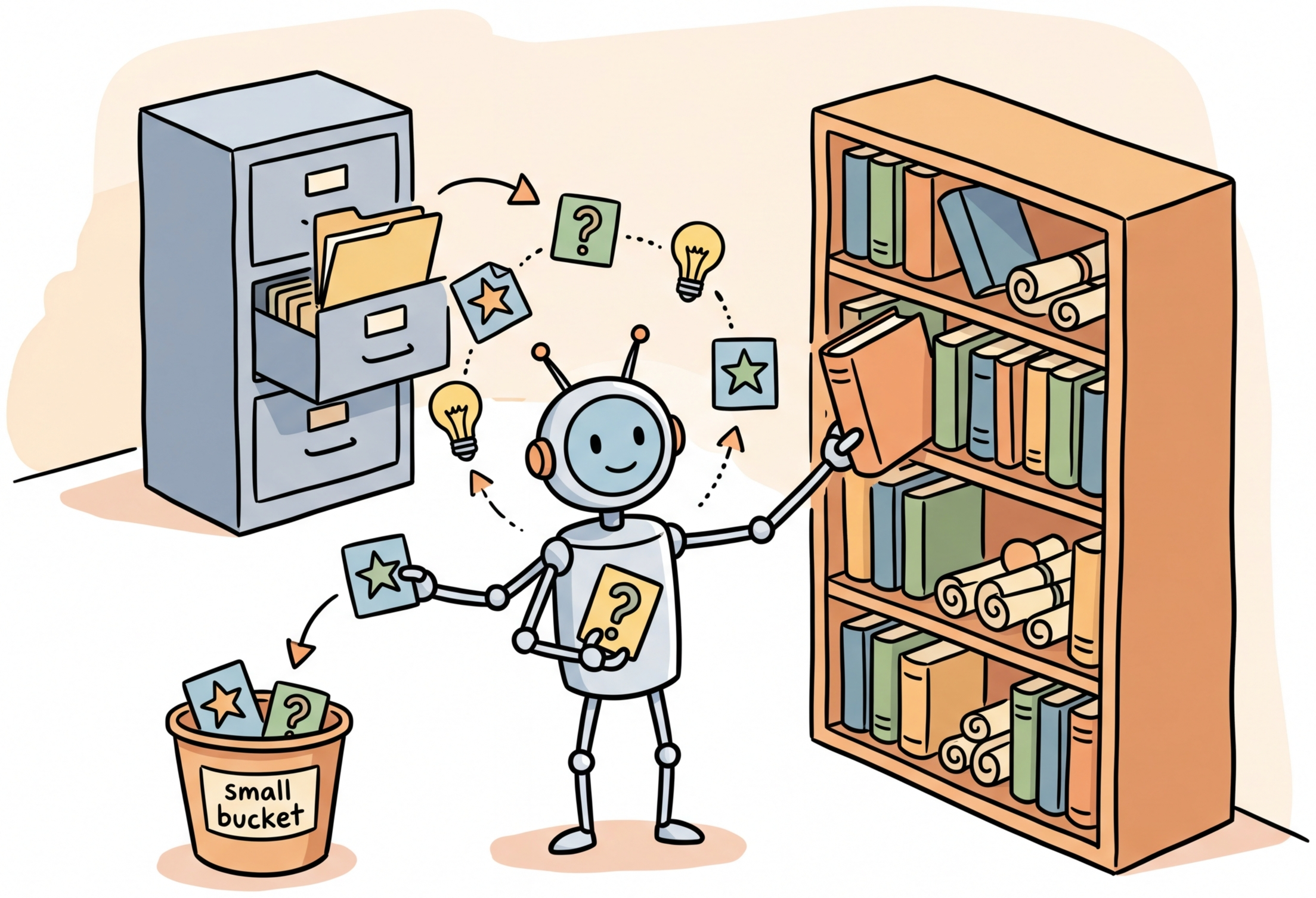 Different-sized containers representing short-term, long-term, and working memory in a conversational AI system