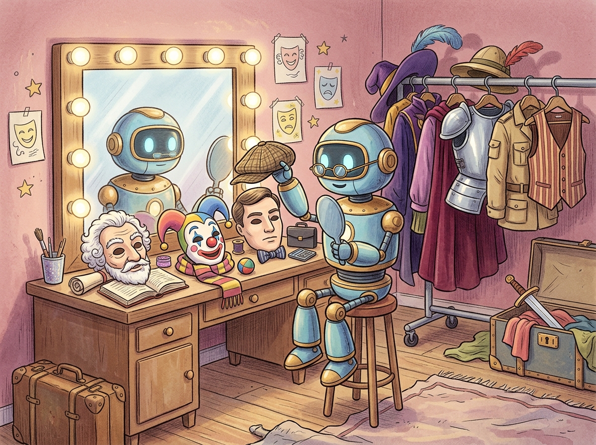 A friendly robot in a theater dressing room trying on different theatrical masks and costumes representing different persona types, with a wardrobe rack of additional character outfits behind