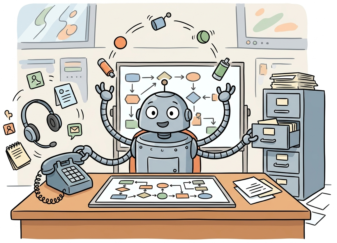 A control room with monitors and switches where an AI agent observes, plans, and executes actions