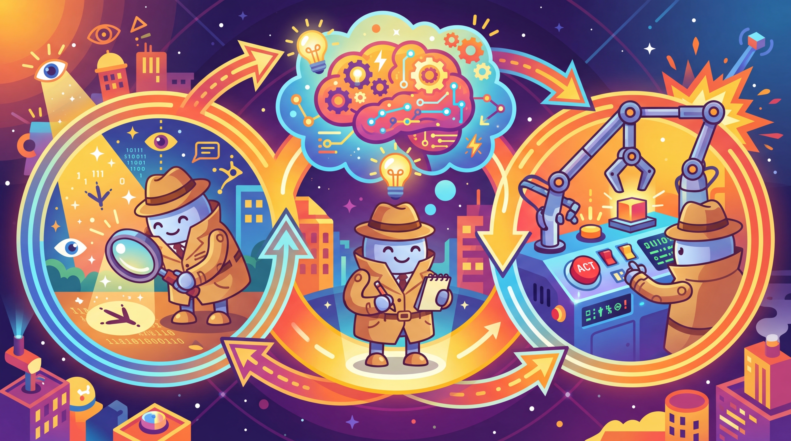A cartoon robot detective cycling through three stations representing perception, reasoning, and action in the agent loop