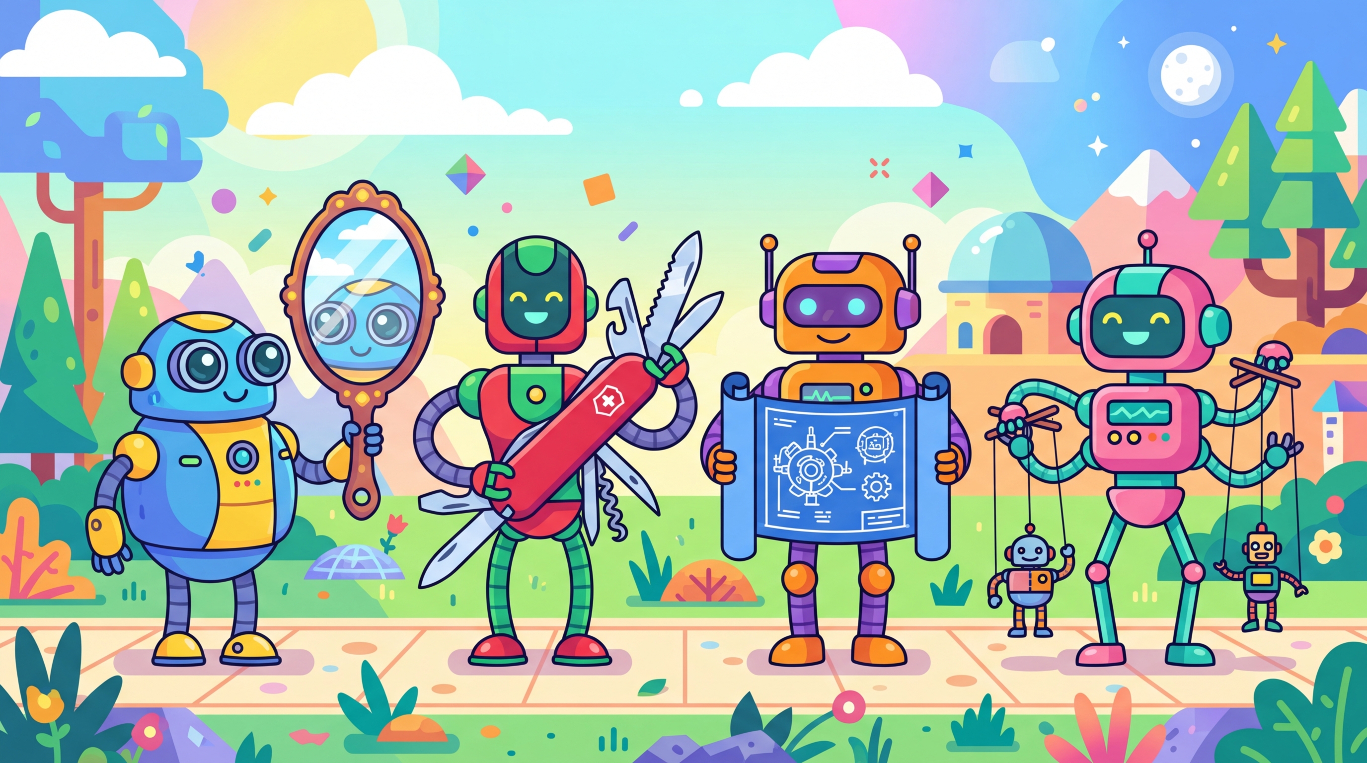 Four cartoon robots each holding a symbolic tool representing the four agentic design patterns: reflection, tool use, planning, and multi-agent collaboration