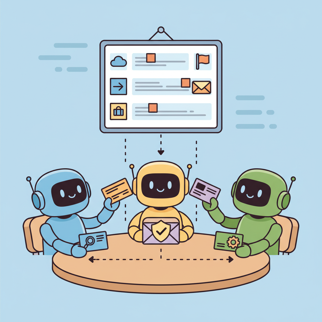 Three friendly robots of different colors sitting around a round table, each holding a business card showing their specialty, passing structured message envelopes to each other with a shared task board floating above