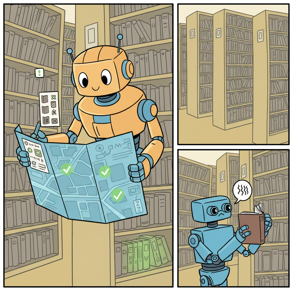 A robot librarian in a vast library actively planning its search strategy with a map and notepad, evaluating sources marked green or gray, contrasted with a simple RAG robot that just grabs one random book
