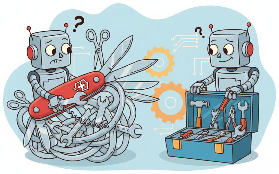 A humorous scene showing one robot struggling with a tangled Swiss Army knife while a second robot happily uses a well-organized toolbox with clearly separated compartments