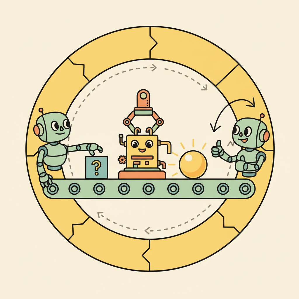 A circular conveyor belt connecting three stations: a robot sends a package, a mechanical arm processes it through a tool machine, and the robot receives the result, illustrating the iterative function calling loop