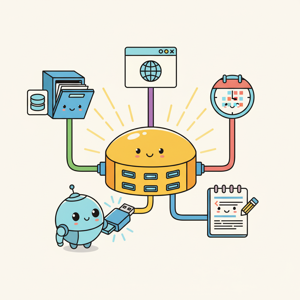 A giant USB hub in the center with colorful cables connecting to various cartoon devices: a filing cabinet database, a browser window, a clock calendar, and a notebook code editor, while a small robot plugs into the hub