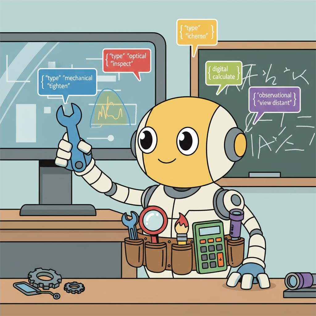 A friendly robot wearing a utility belt full of colorful tools, standing at a workbench and selecting the right tool while glowing JSON schemas float above each tool like labels