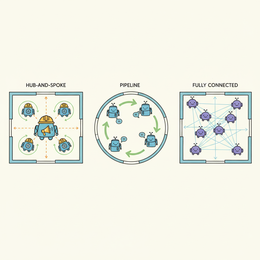 Three panels showing multi-agent architecture patterns as building layouts: a star-shaped hub and spoke, robots in a circle passing messages in a pipeline, and a fully connected mesh with crossing lines