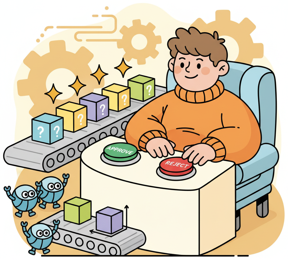A friendly human sitting at a control panel with green APPROVE and red REJECT buttons, inspecting decisions from worker robots on a conveyor belt, with some packages auto-approved via gold stars for low risk