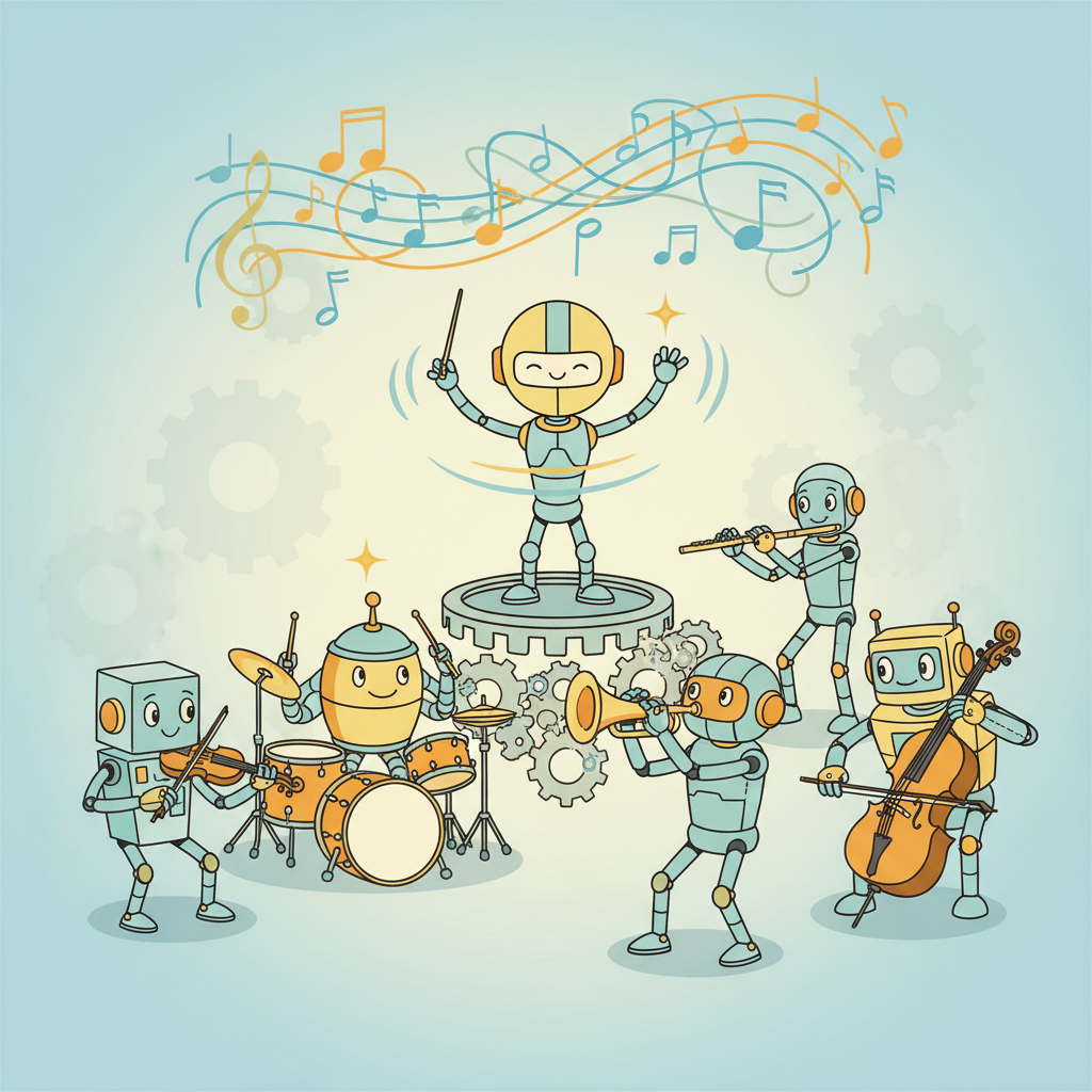 A cartoon orchestra of friendly robots each playing a different instrument, coordinated by a conductor robot on a podium, with musical notes forming a harmonious pattern in the air