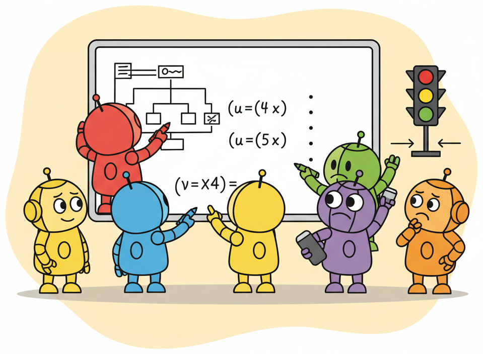Several friendly robots gathered around a large shared whiteboard, each writing with a different colored marker, with one robot apologetically erasing something another wrote, and a small traffic light showing access coordination