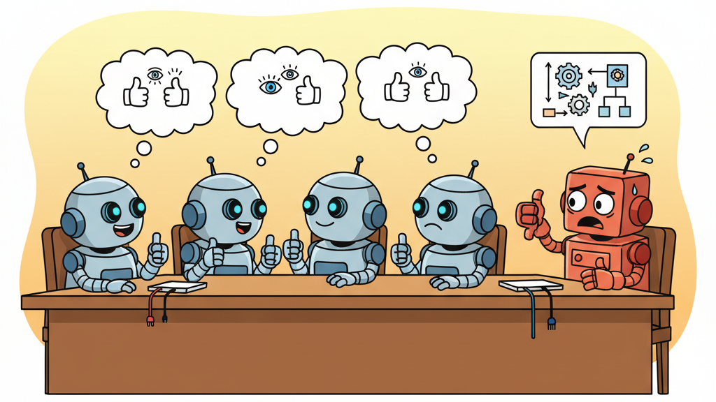 A panel of five robot judges at a table, four copying the same thumbs-up gesture while peeking at each other, and one brave robot in the corner nervously holding a thumbs-down with a thought bubble showing genuine analysis