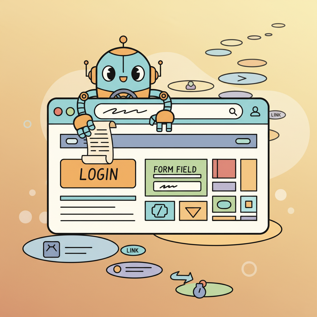 A small friendly robot sitting inside a giant web browser window, using a tiny steering wheel to navigate a colorful webpage with buttons and forms, holding a shopping list and reaching toward a button, with a trail of visited pages behind