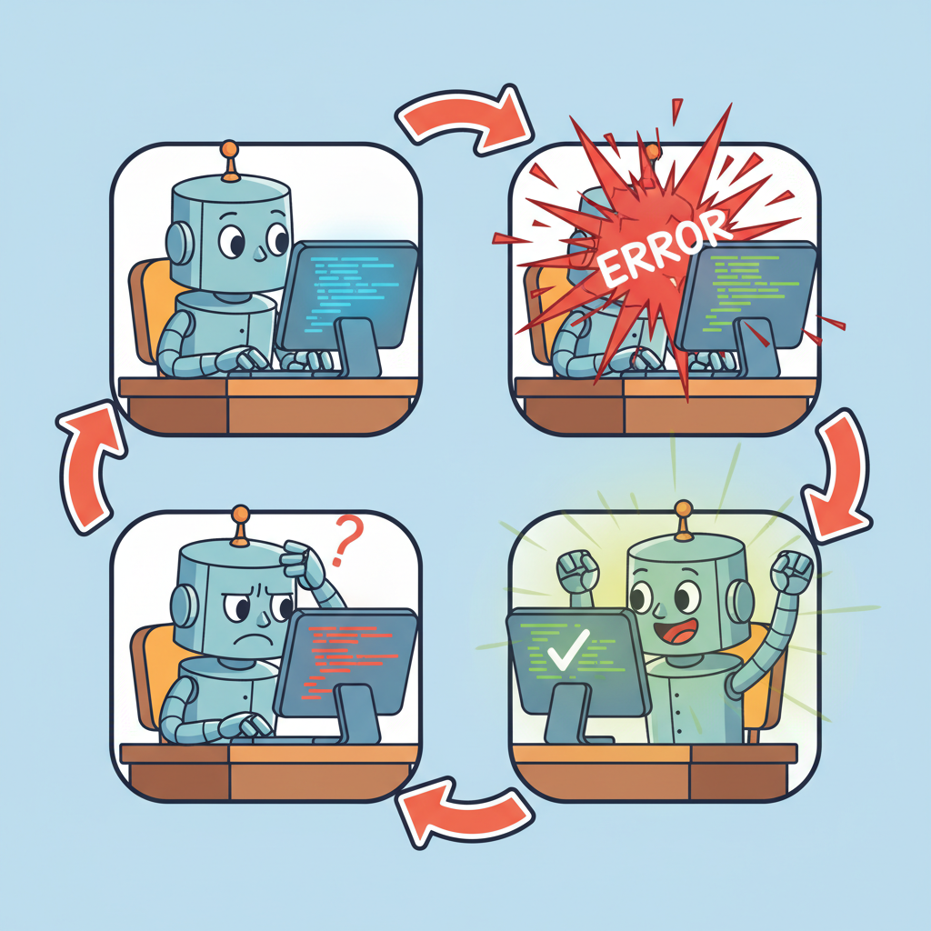 A robot at a desk cycling through four frames: writing code, seeing a red error explosion, scratching its head to read the error, and fixing the code to a green success screen, with circular arrows showing the self-debugging loop