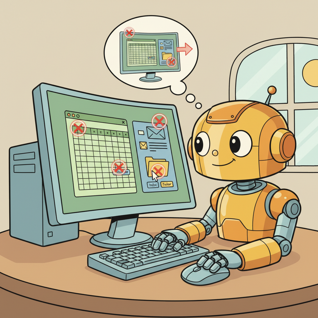 A friendly robot sitting at a full computer desktop with hands on mouse and keyboard, screen showing multiple application windows, with a thought bubble showing a sequence of click targets highlighted with crosshairs