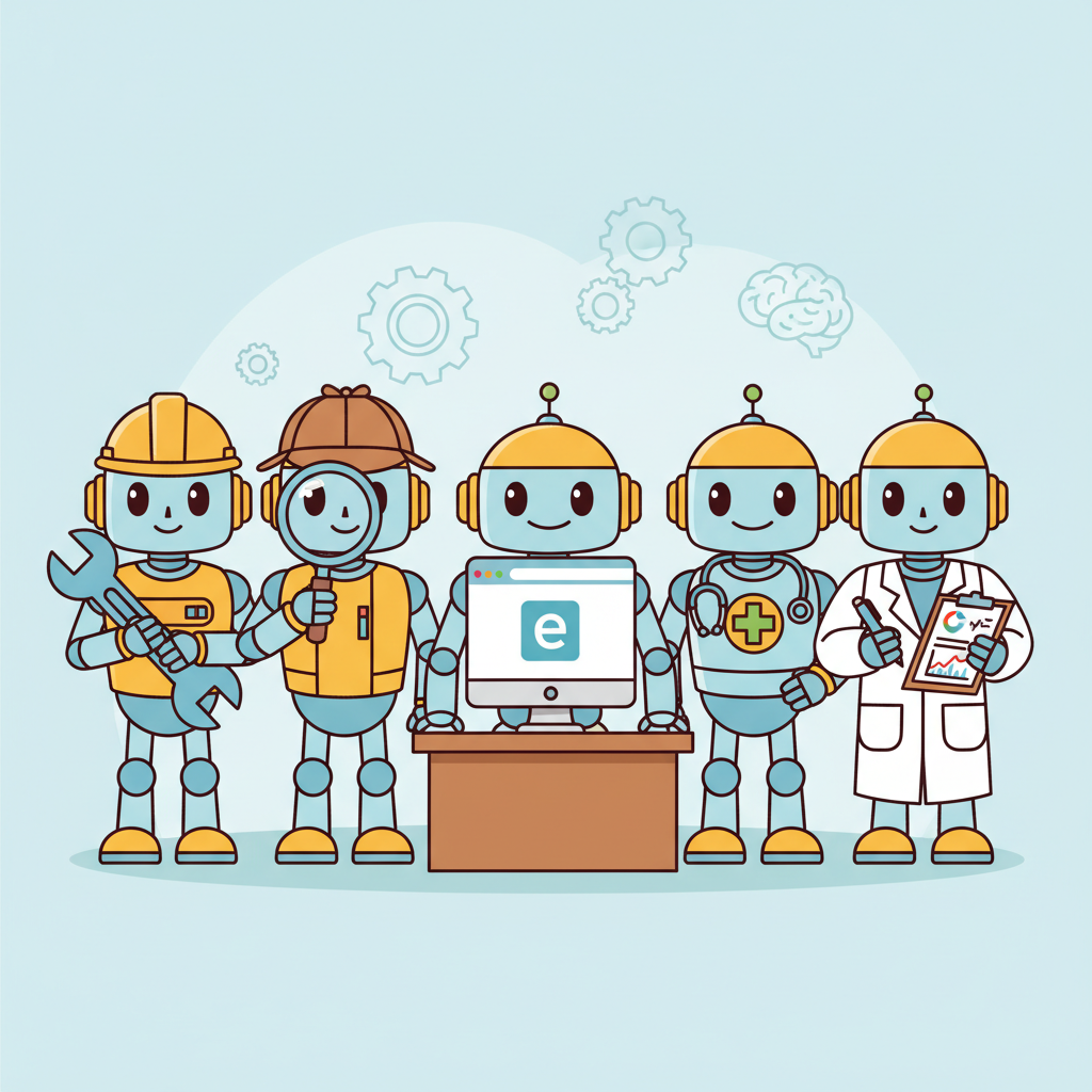 Five friendly specialist robots standing together in a team photo, each themed for a different domain: a hard hat with wrench for code, a magnifying glass and detective hat for research, a browser window for web, a stethoscope for domain expertise, and a lab coat with clipboard for data analysis