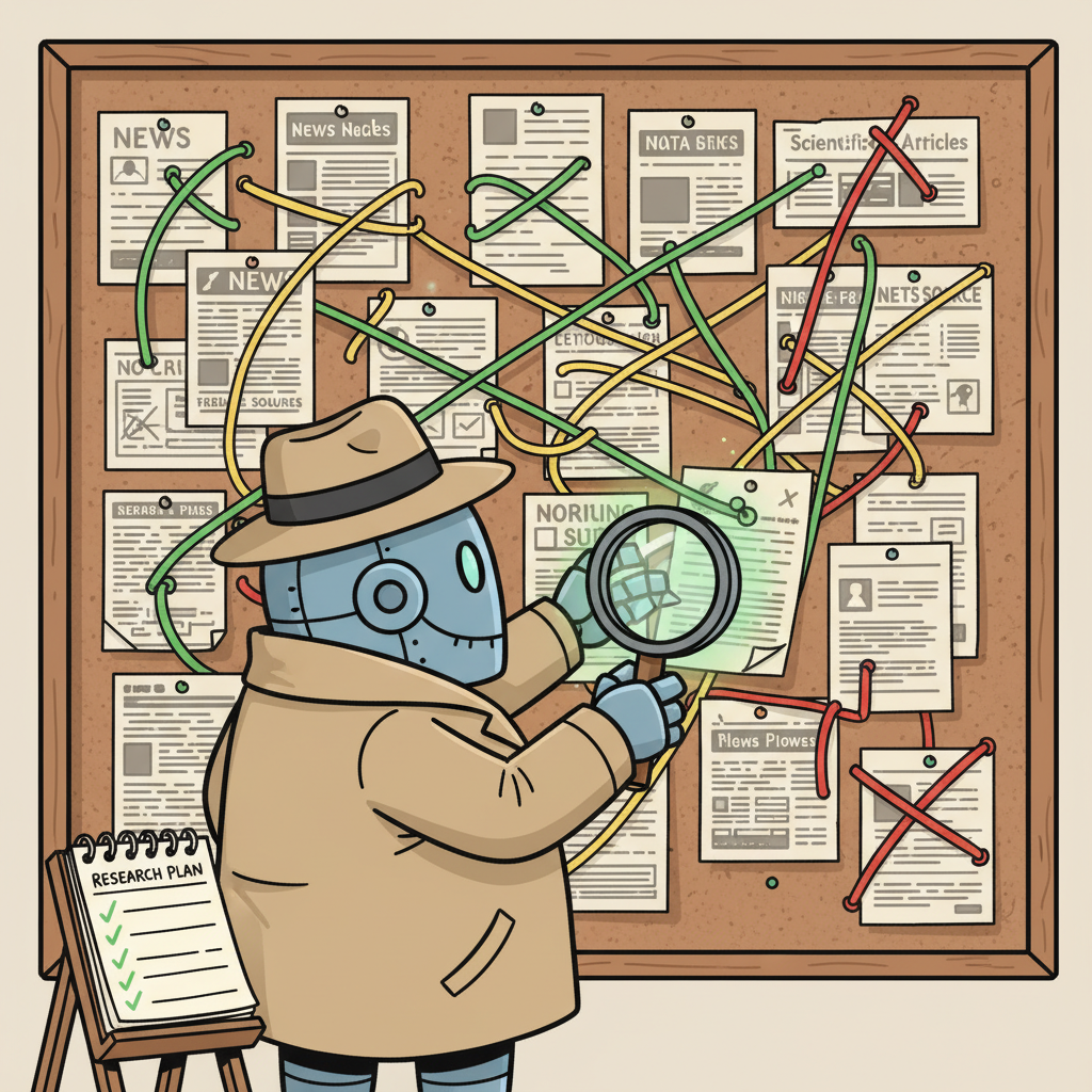 A robot detective in a trench coat with a magnifying glass standing before a giant corkboard with pinned documents connected by colored strings, some glowing green for verified, yellow for uncertain, and red crossed out for unreliable