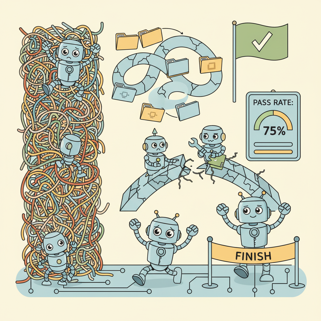 A robot running an obstacle course where each obstacle represents a software engineering challenge: climbing a wall of spaghetti code, navigating a maze of file directories, repairing a broken bridge of failing tests, and reaching a green checkmark finish line, with a scoreboard showing pass rates