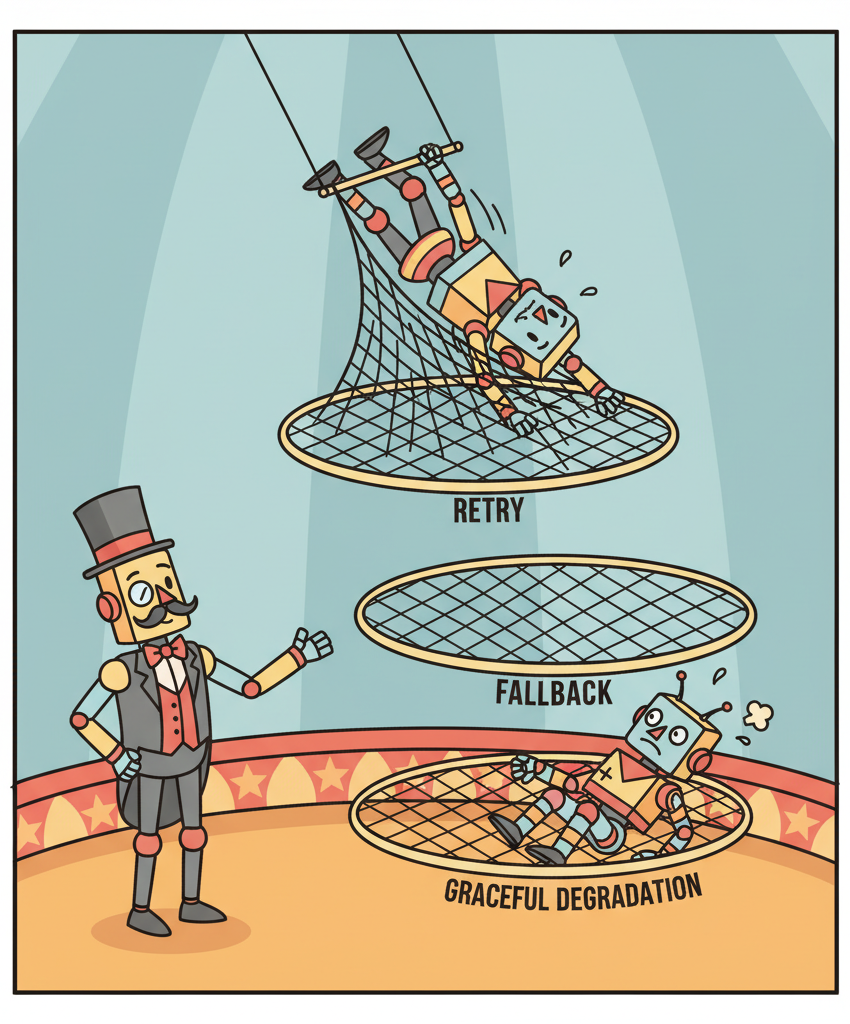 A robot trapeze artist performing acrobatic flips high above a circus ring, with three layers of safety nets at different heights for retry, fallback, and graceful degradation, catching robots that slip and fall