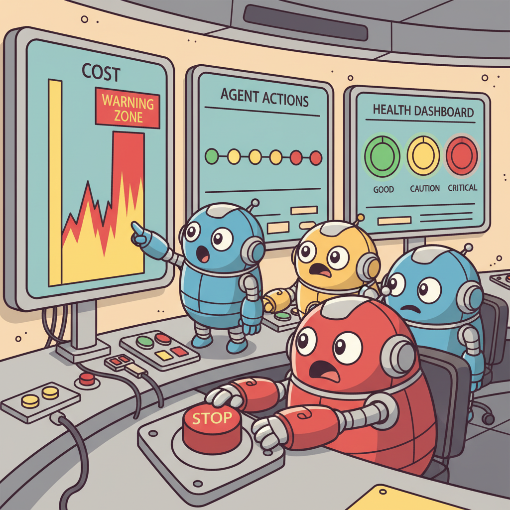 A mission control room where small robots monitor a wall of screens showing agent operations: a climbing cost meter with a red warning zone, a timeline of agent actions as colored dots, and health indicators in green, yellow, and red, with one robot reaching for a big red emergency stop button