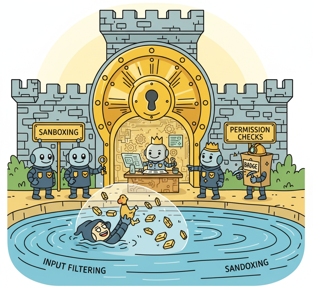 A medieval castle with multiple layers of defense protecting a robot king inside: an outer moat for input filtering, middle wall guards checking badges for permission checks, inner vault door for sandboxing, while a sneaky character outside is stopped at each layer