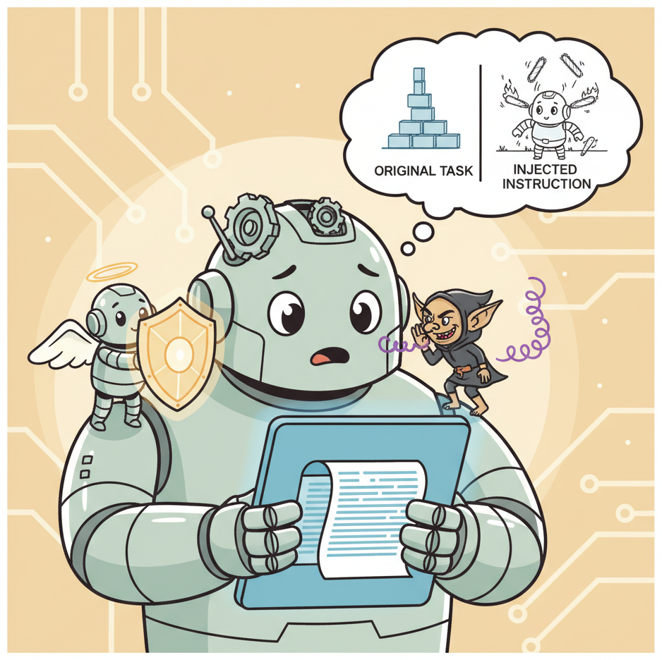 A robot reading a document with a tiny mischievous gremlin hidden inside whispering malicious instructions into its ear, while a guardian angel robot on the other shoulder holds up a shield to block the bad whispers