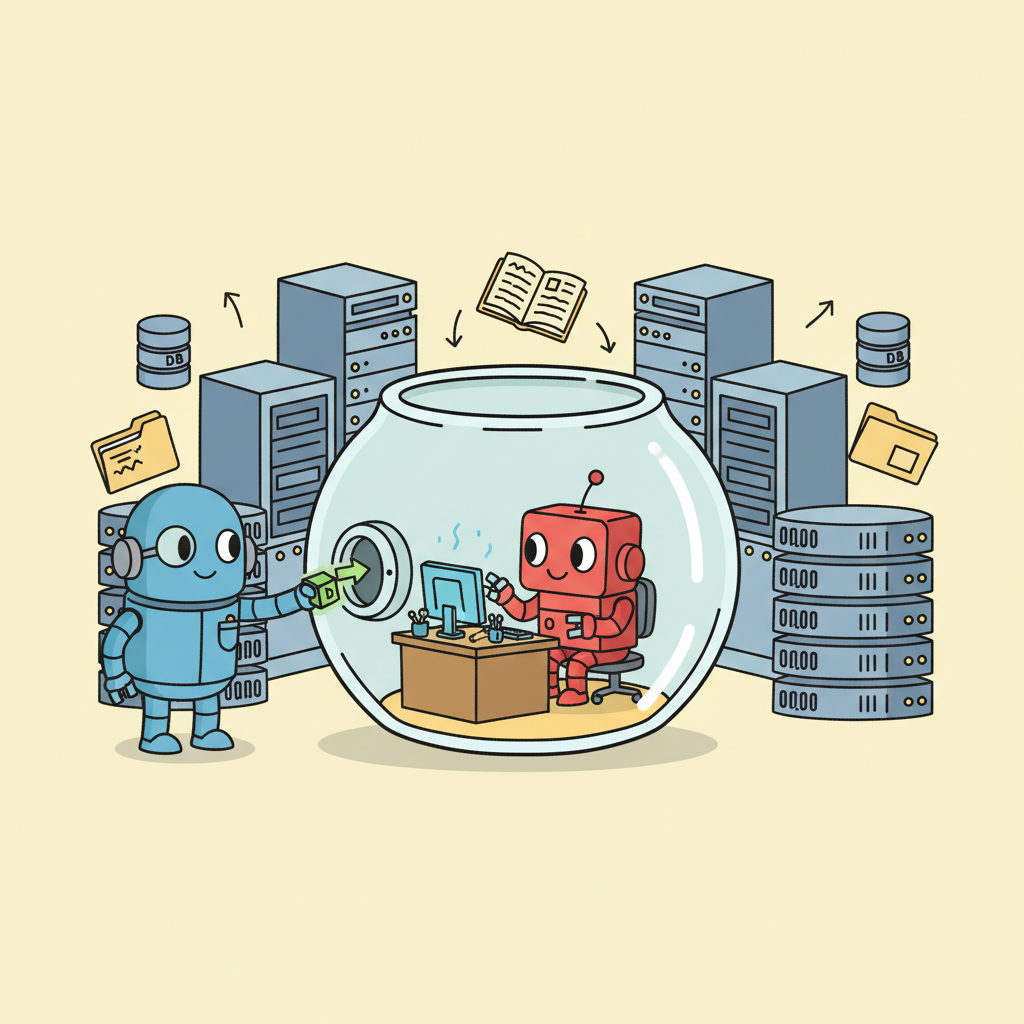 A robot working inside a transparent glass fishbowl with a small desk and mini computer, while the real production environment with servers and databases sits outside the glass, and a supervisor robot watches from outside, occasionally passing approved items through a small hatch