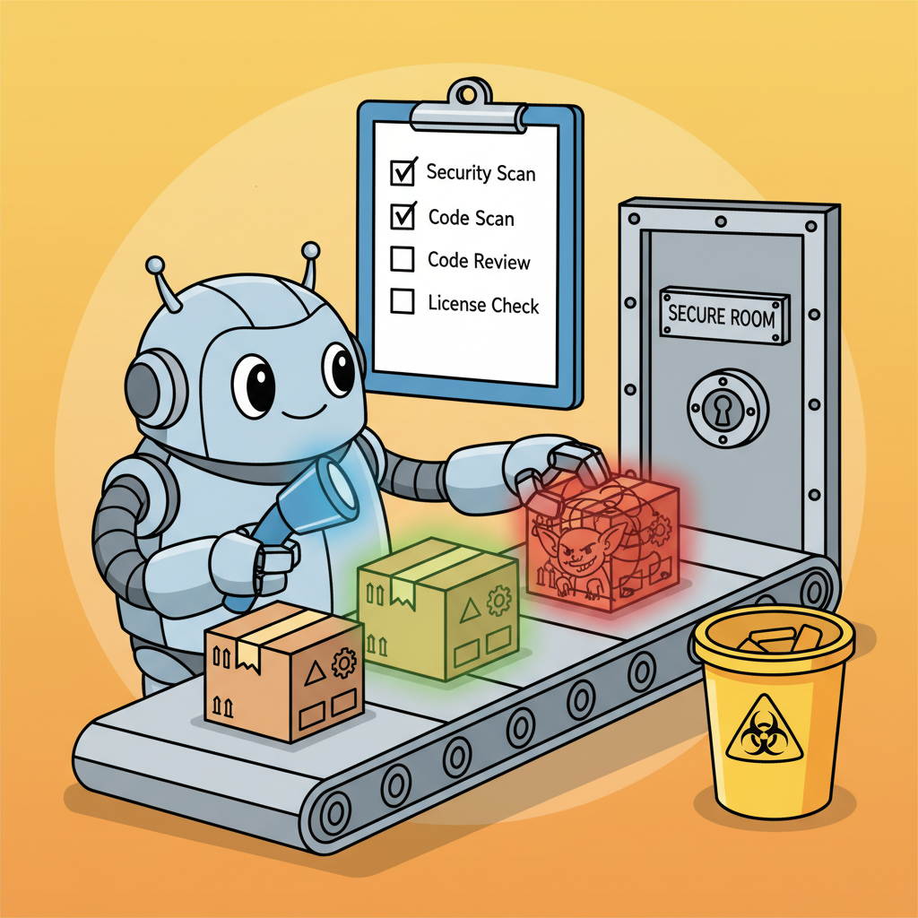 A robot inspecting packages on a conveyor belt with an X-ray scanner before they enter a secure room, some packages glowing green for safe and one suspicious package glowing red with a hidden gremlin inside, placed in a quarantine bin