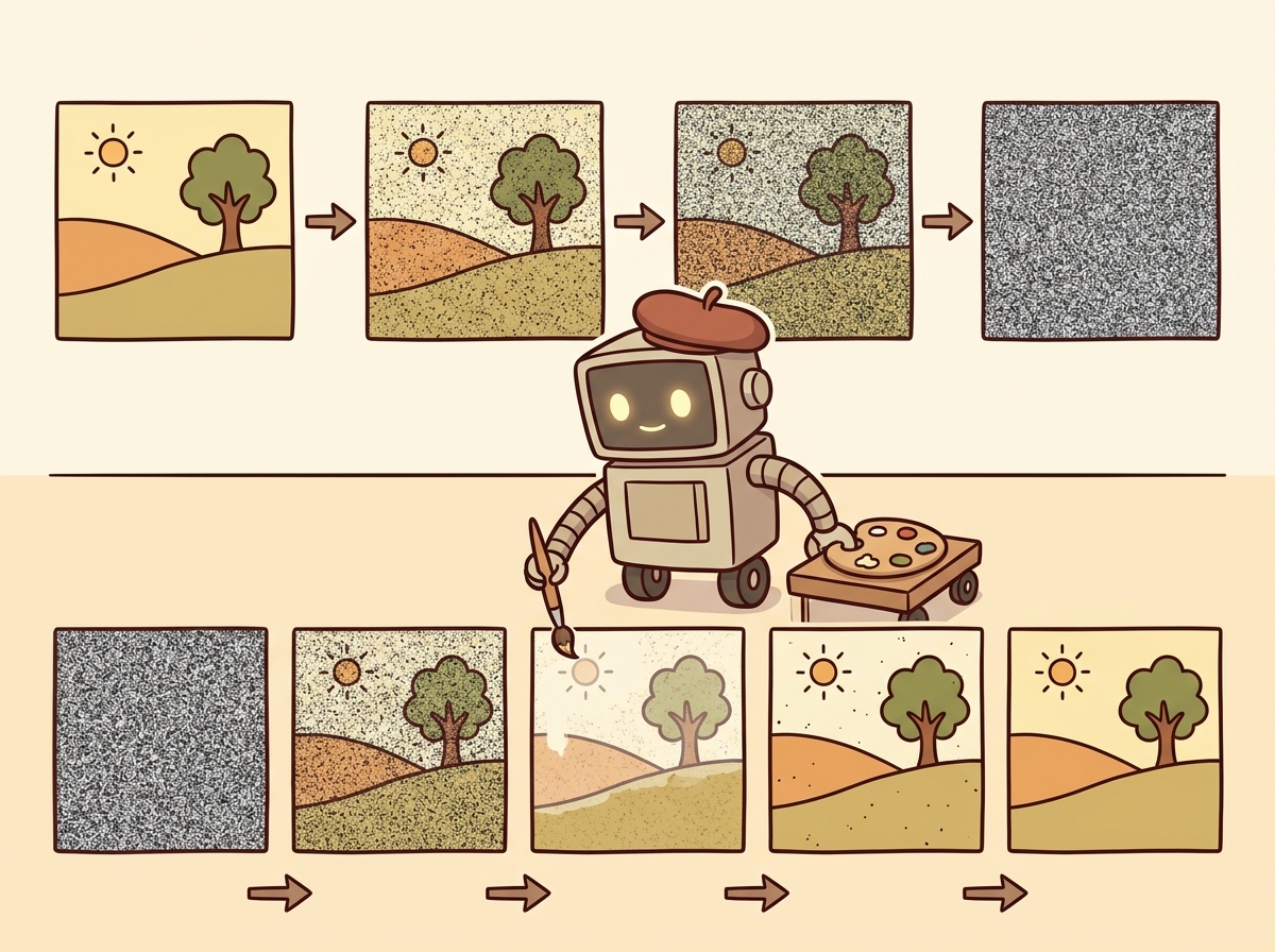 A blurry, noisy image gradually becoming clear through the diffusion denoising process