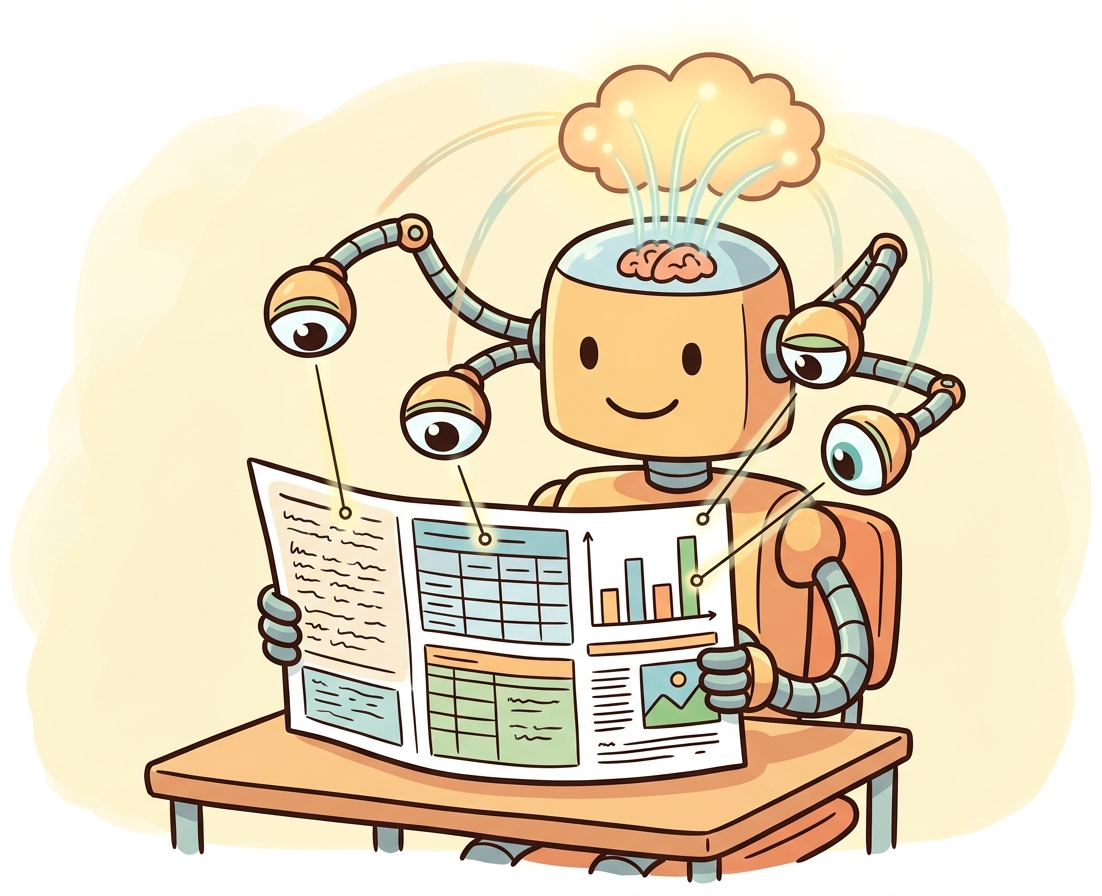 An AI reading a complex document with tables, figures, and text, extracting structured information