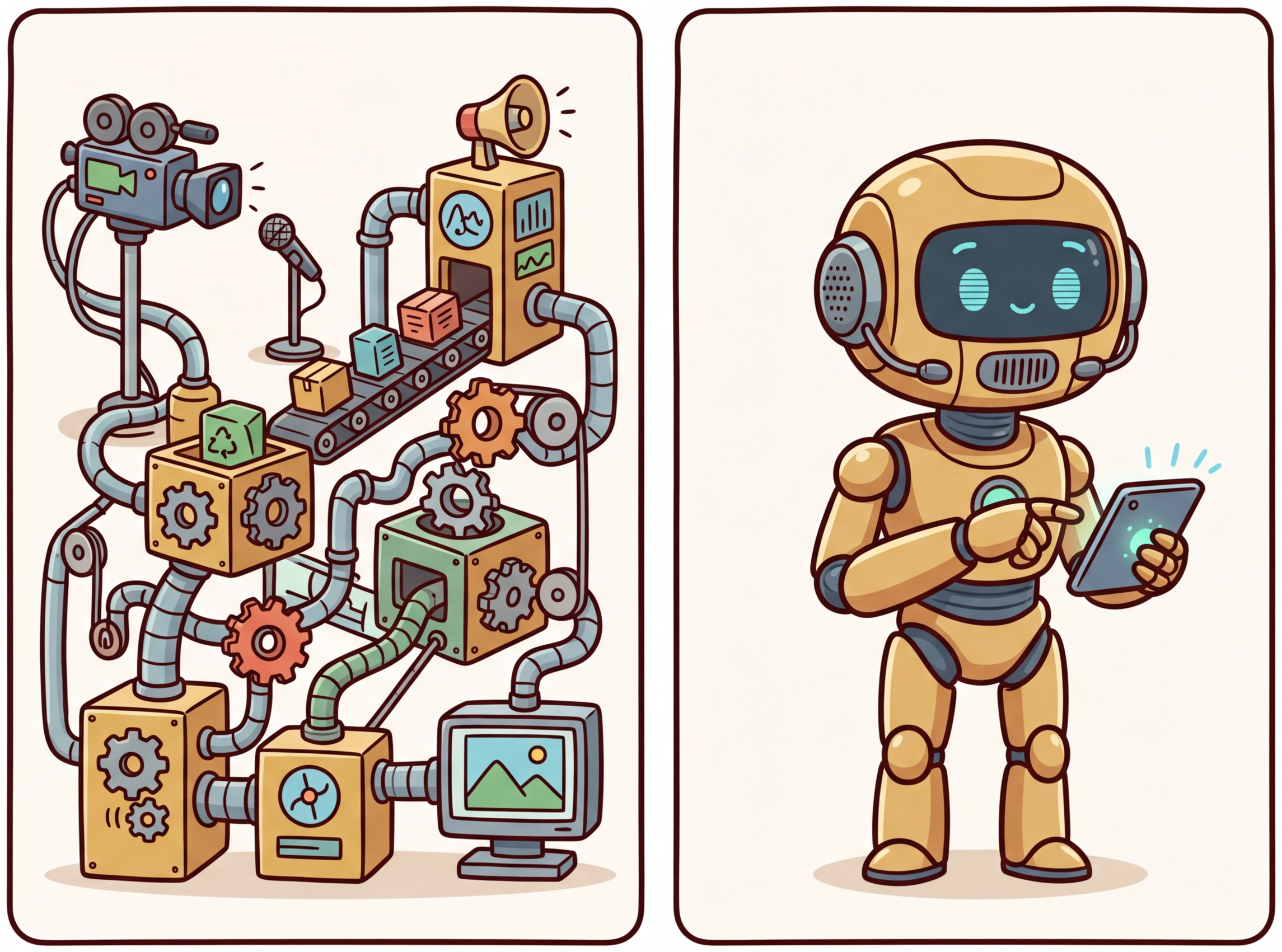 A comparison showing a pipeline approach with separate vision and language models versus a unified native multimodal model