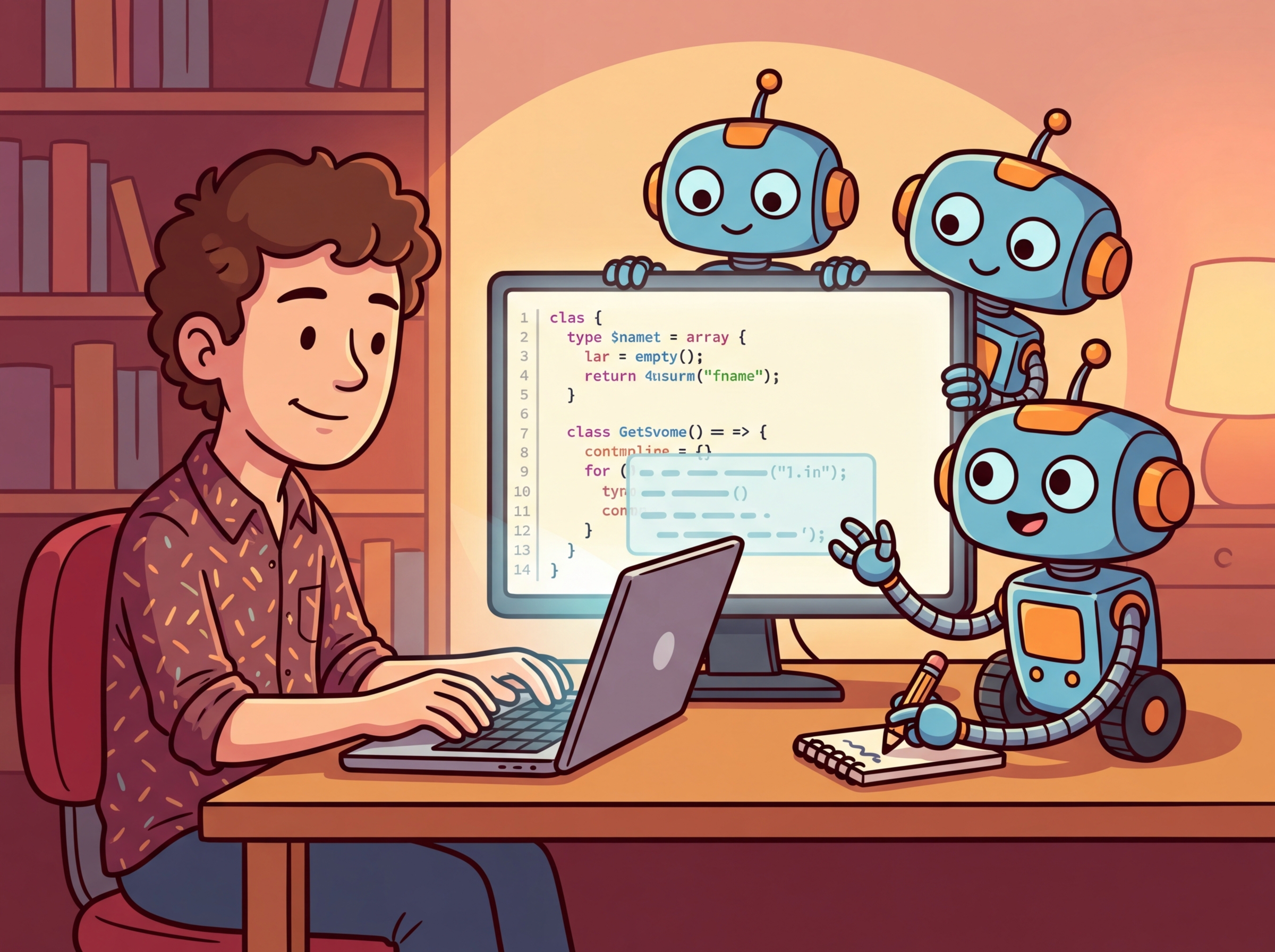 A robot sitting beside a human programmer, both looking at the same screen and collaborating on code