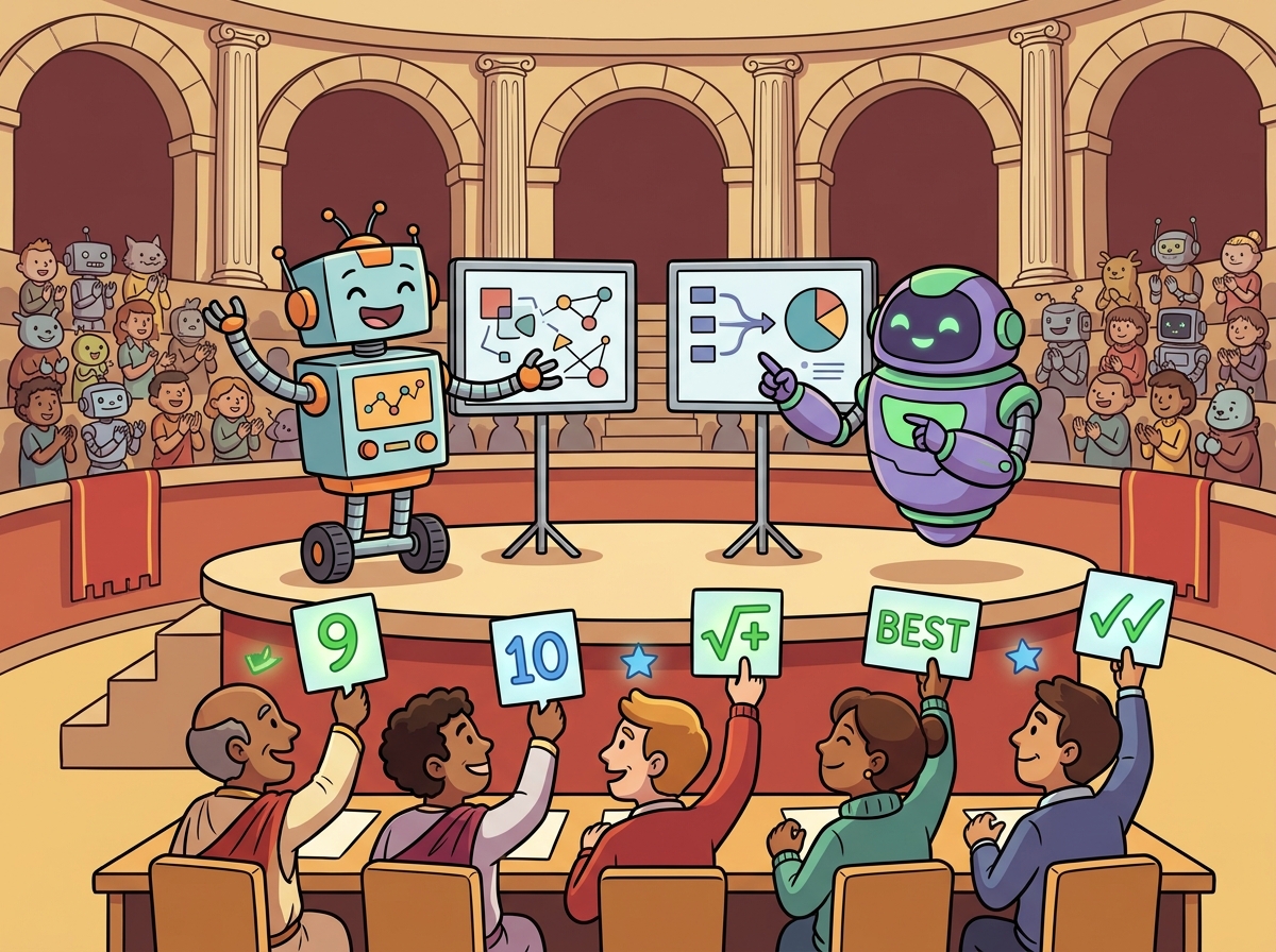 A lively cartoon arena where two friendly robots stand on opposite sides of a stage, each presenting their answer to a crowd of diverse cartoon judges who hold up score cards, conveying head-to-head model evaluation in a fun gladiatorial style.