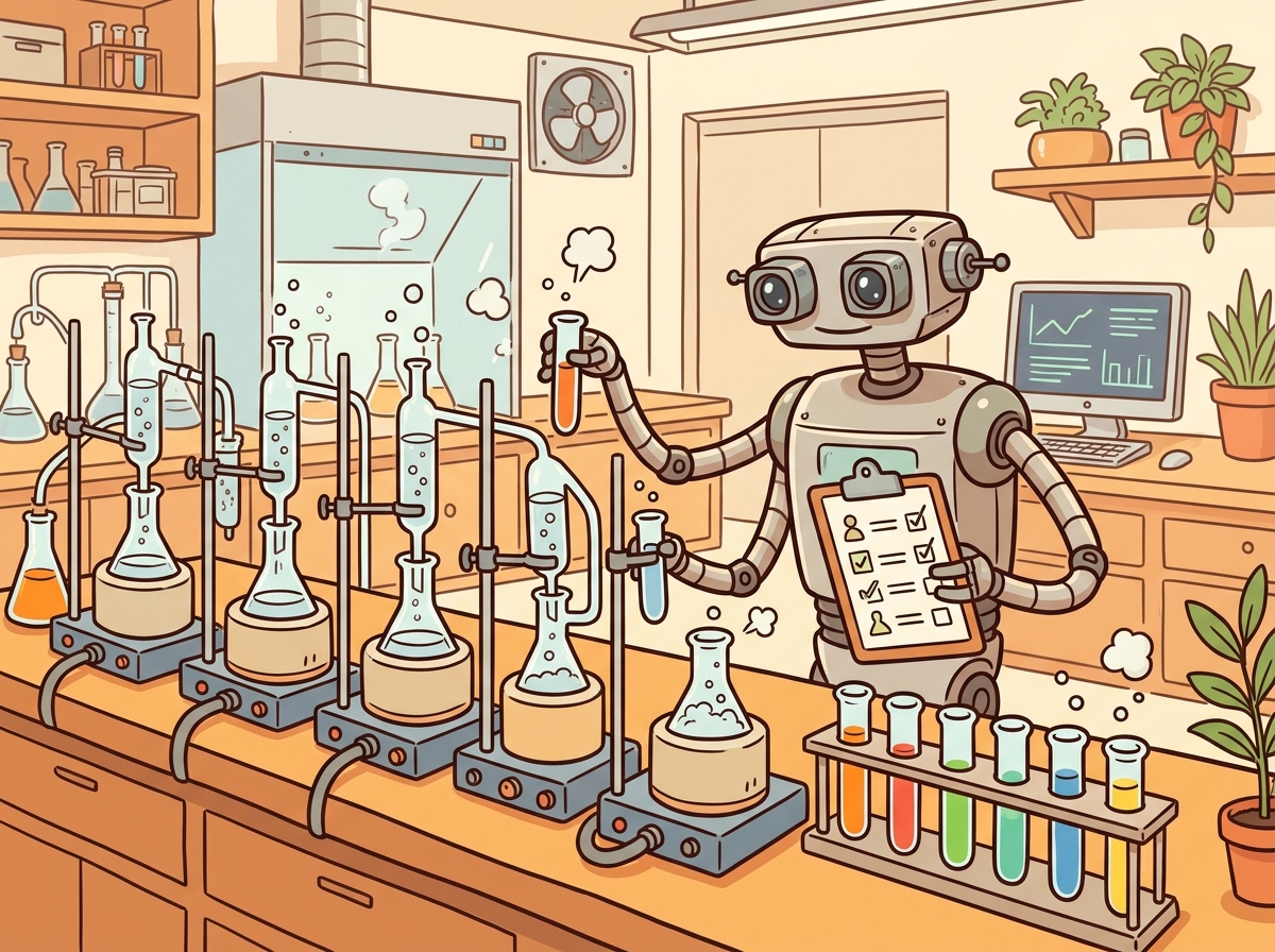 A cartoon scientist robot in a laboratory carefully running the same experiment multiple times through identical equipment, with a checklist clipboard tracking reproducibility metrics and test tubes containing different colored evaluation results.