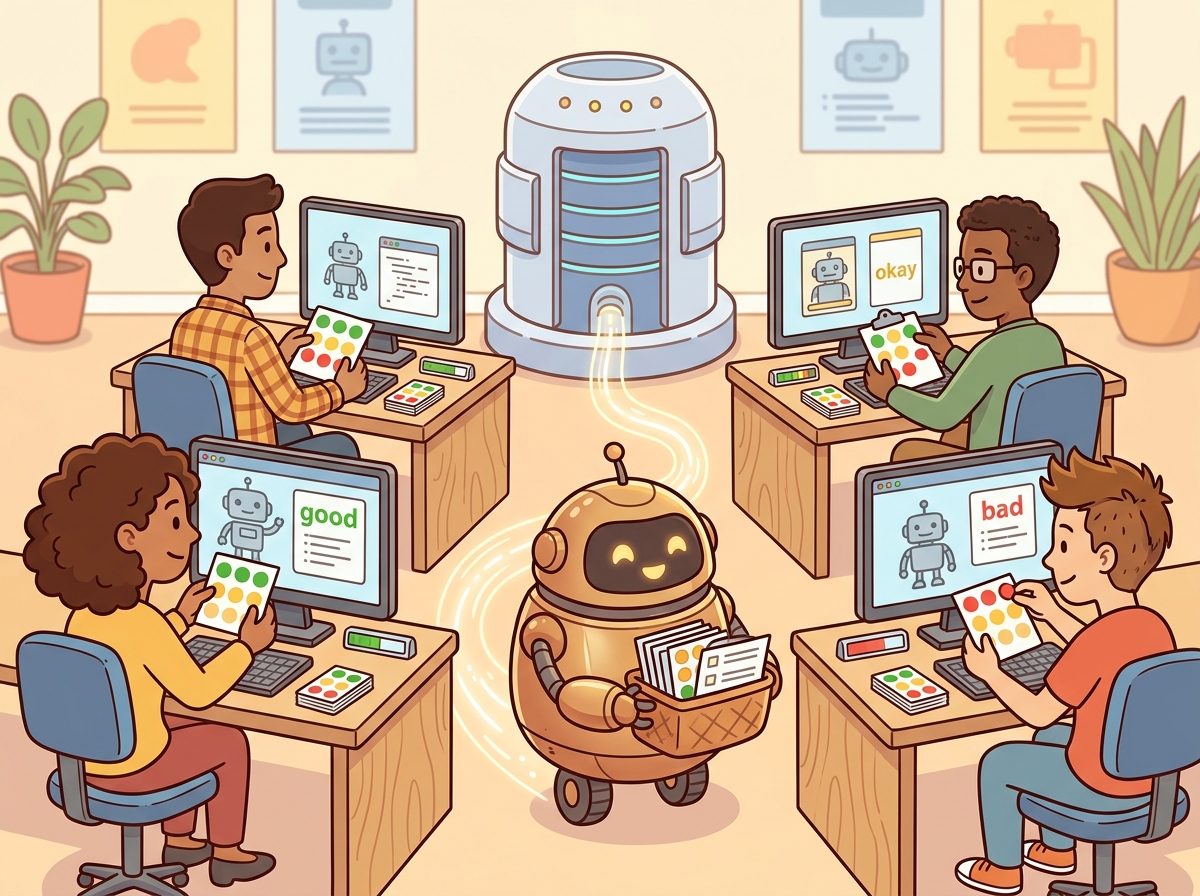 A team of diverse cartoon human annotators sitting at workstations, each labeling and rating robot outputs with colored stickers for quality levels, while a friendly coordinator robot collects the labels into a shared database.