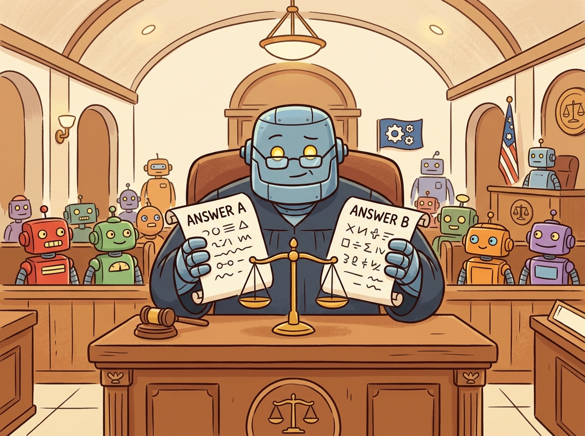 A wise cartoon robot judge sitting at a bench in a courtroom, carefully reviewing two different answers on scrolls while wearing reading glasses and weighing evidence on a small scale, with other smaller robots observing from the gallery.