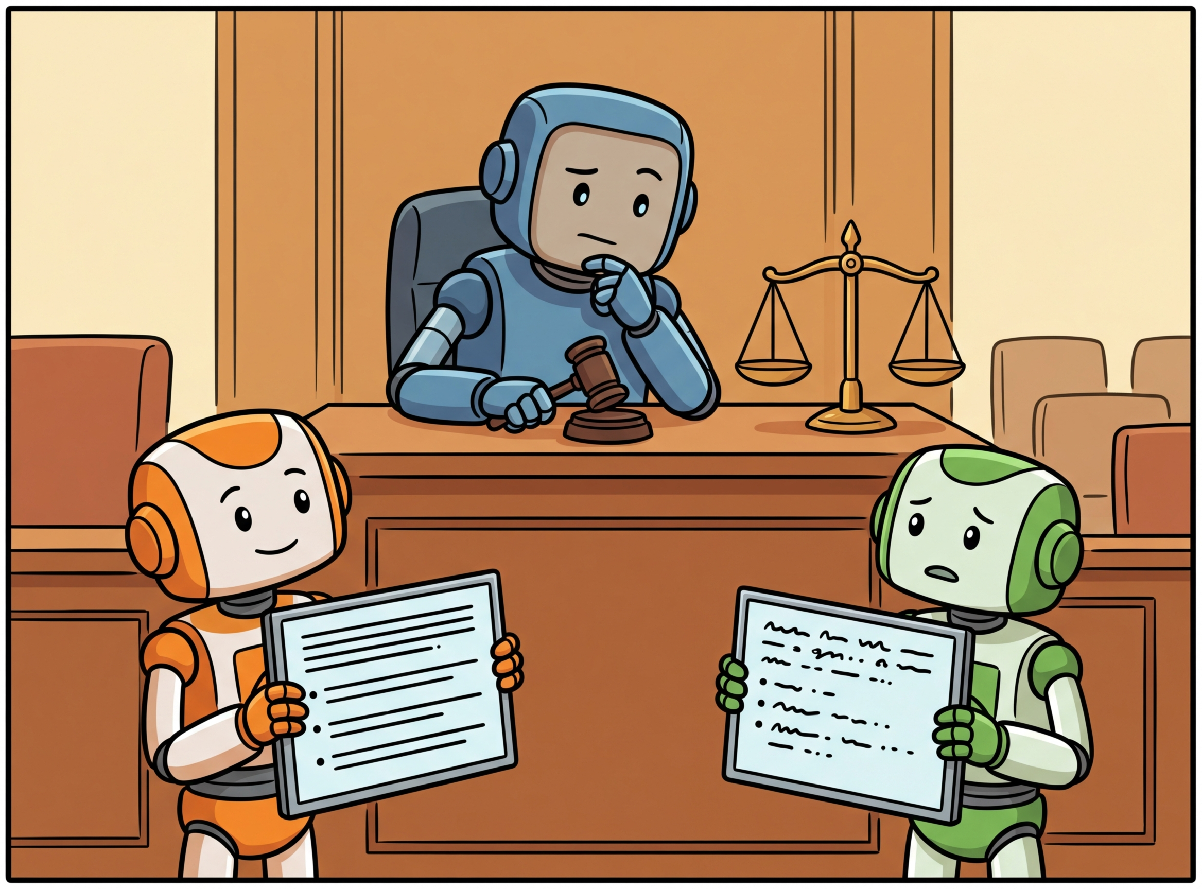 A judge LLM in a courtroom evaluating the quality of another LLM's response, with evidence exhibits on display