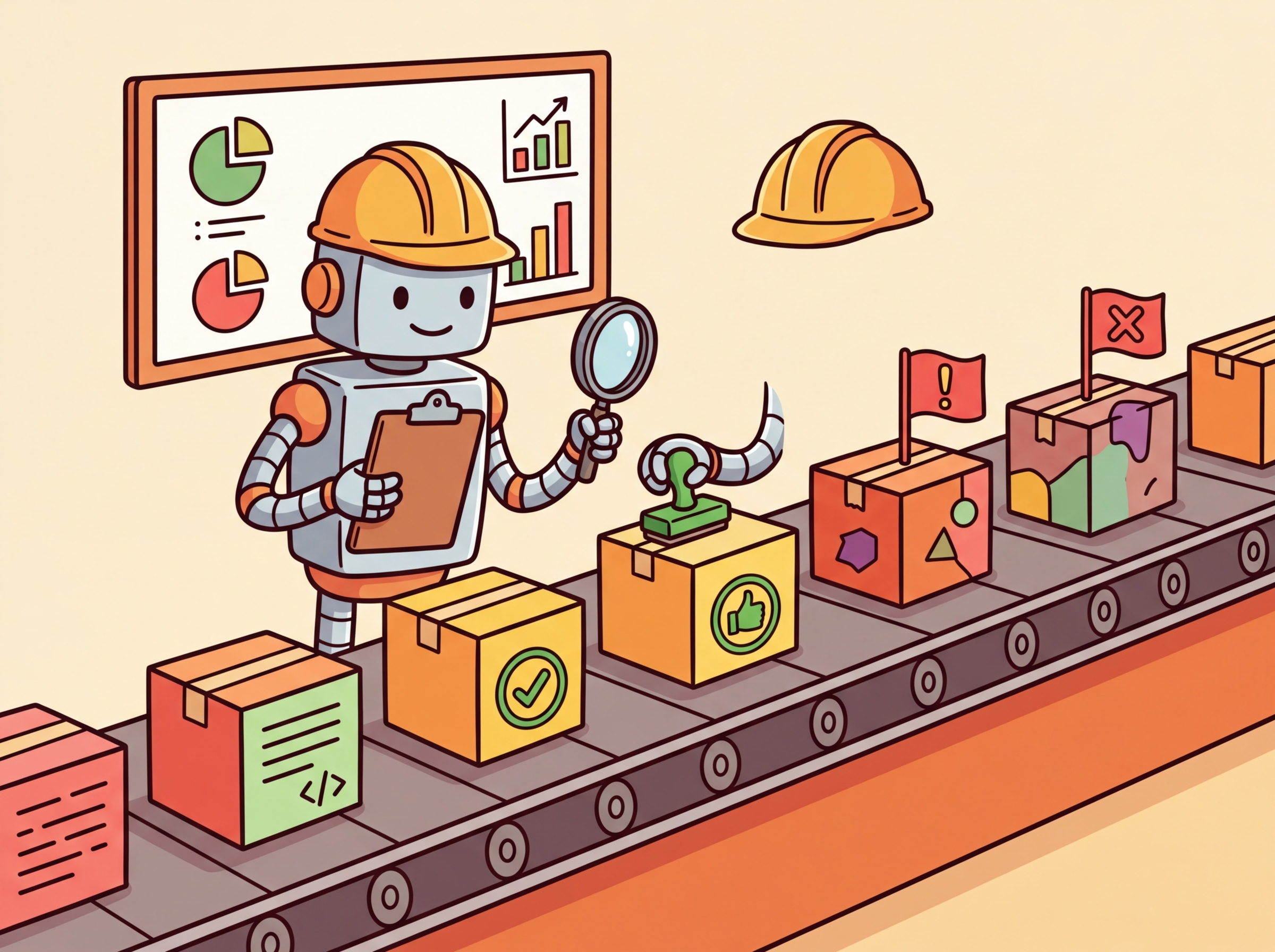 A quality inspector examining LLM outputs on a conveyor belt with a checklist and magnifying glass