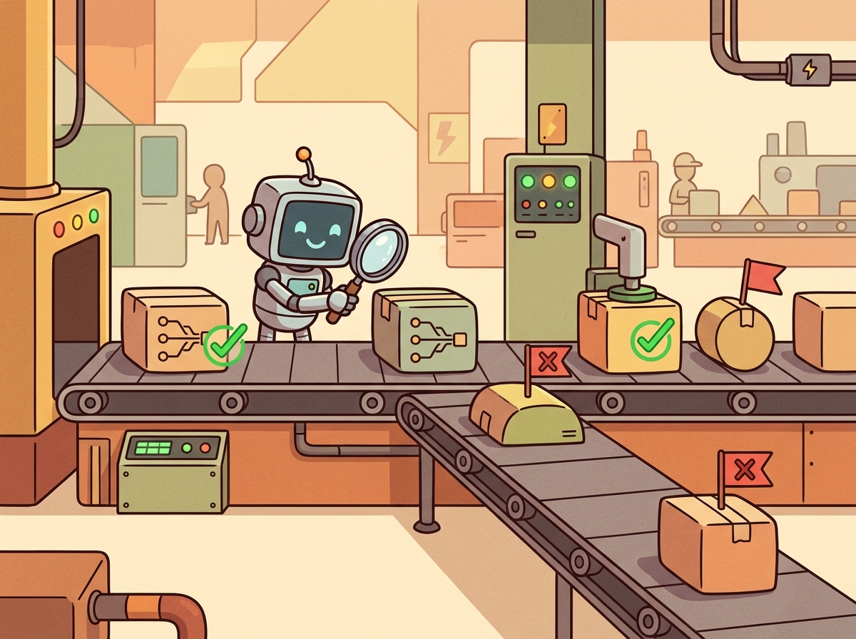 A cartoon quality inspector robot on an assembly line, checking RAG system outputs with a magnifying glass, with each item on the conveyor belt representing a different evaluation dimension such as relevance, faithfulness, and completeness.