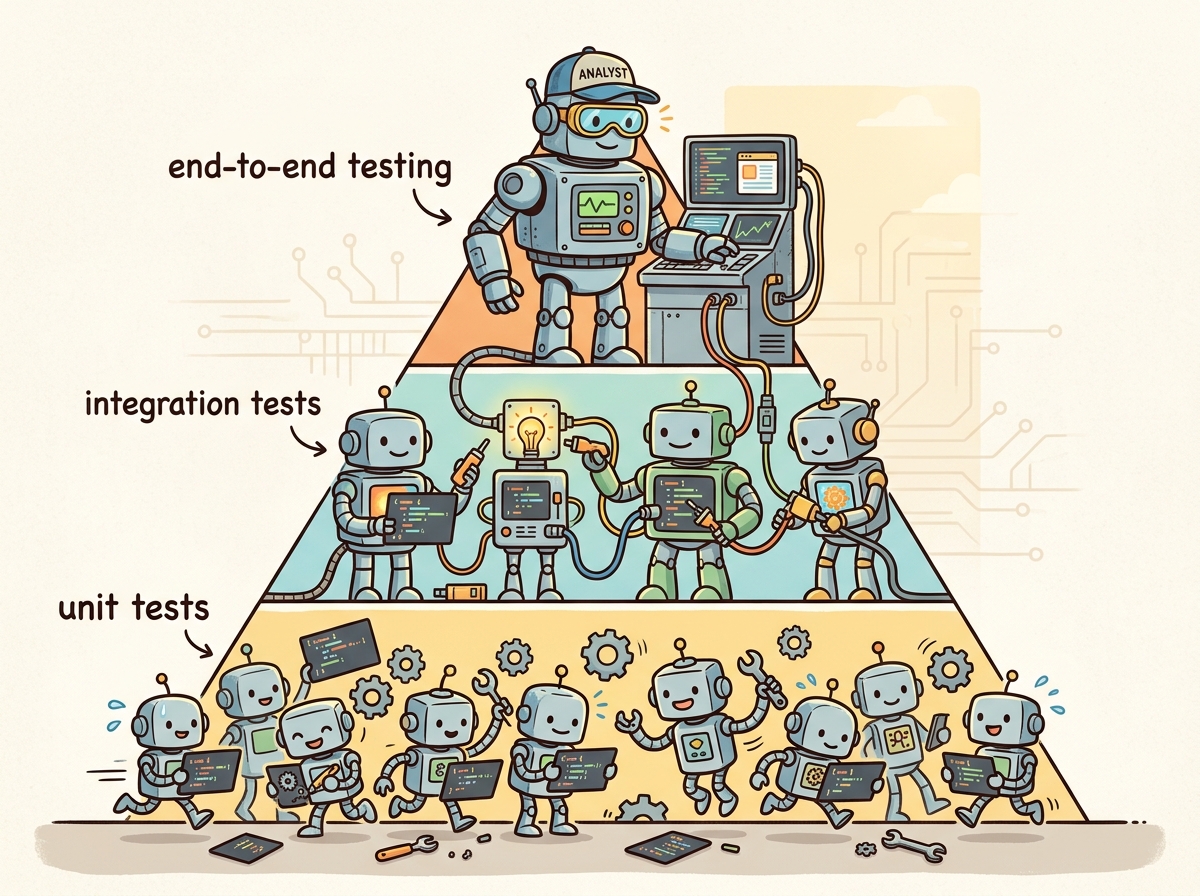A testing pyramid with unit tests at the base, integration tests in the middle, and end-to-end LLM evaluations at the top