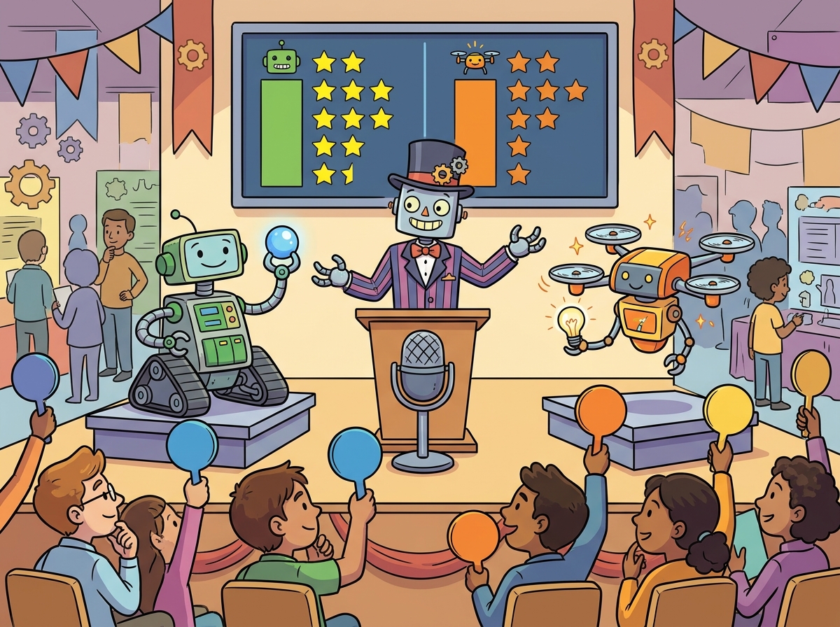 A cartoon robot arena announcer presenting two competitor robots to a crowd of evaluators who each vote with colored paddles, with a large scoreboard tracking cumulative ratings in a festive science-fair atmosphere.